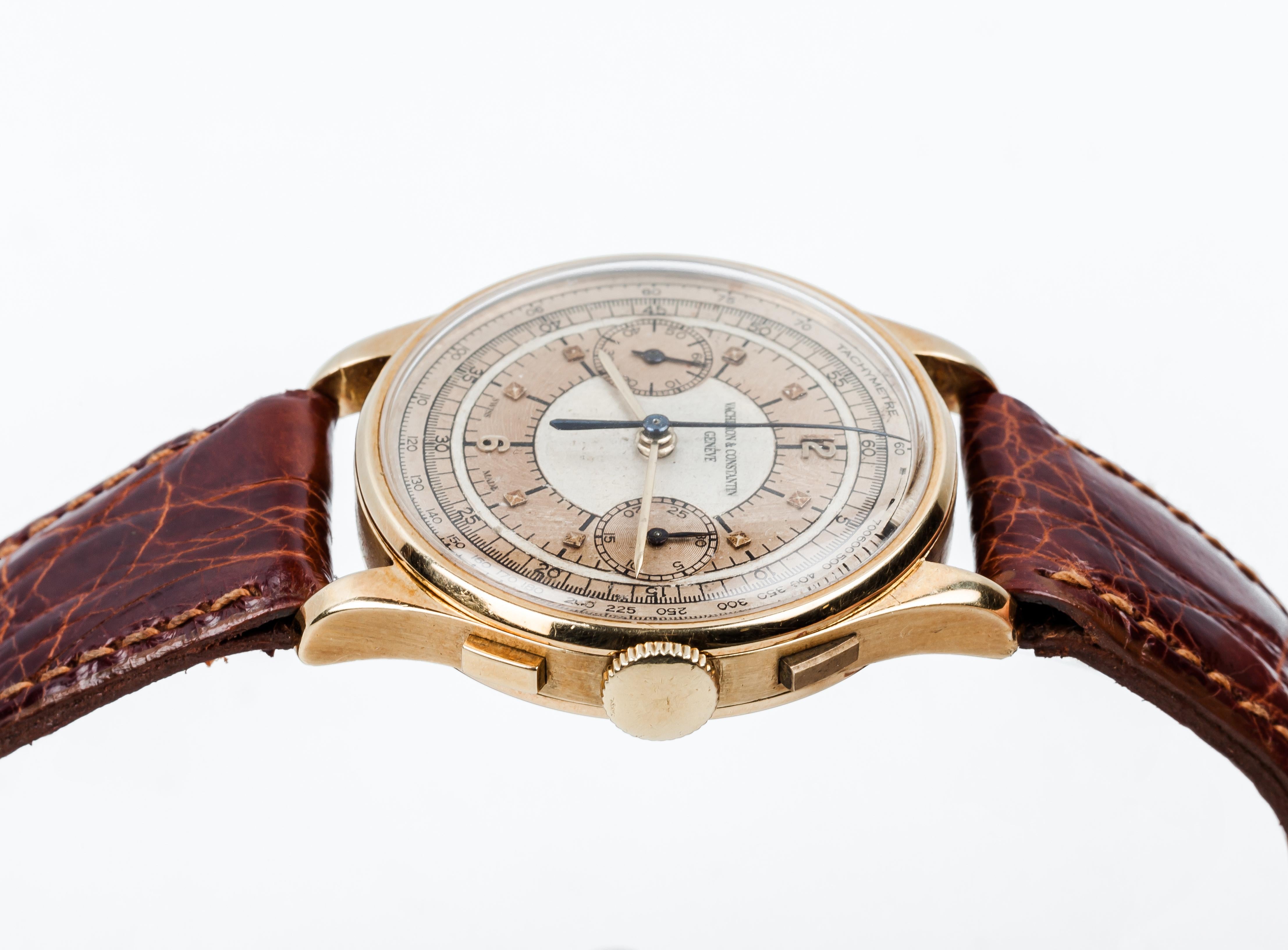 Rare vintage chronograph watch, Swiss VACHERON CONSTANTIN (Genéve), in original 18K yellow gold case, 34 mm. Manual winding mechanical movement, no. 446388, lever escapement, rubies. Original two-tone metallic dial with tachymetric scale, two