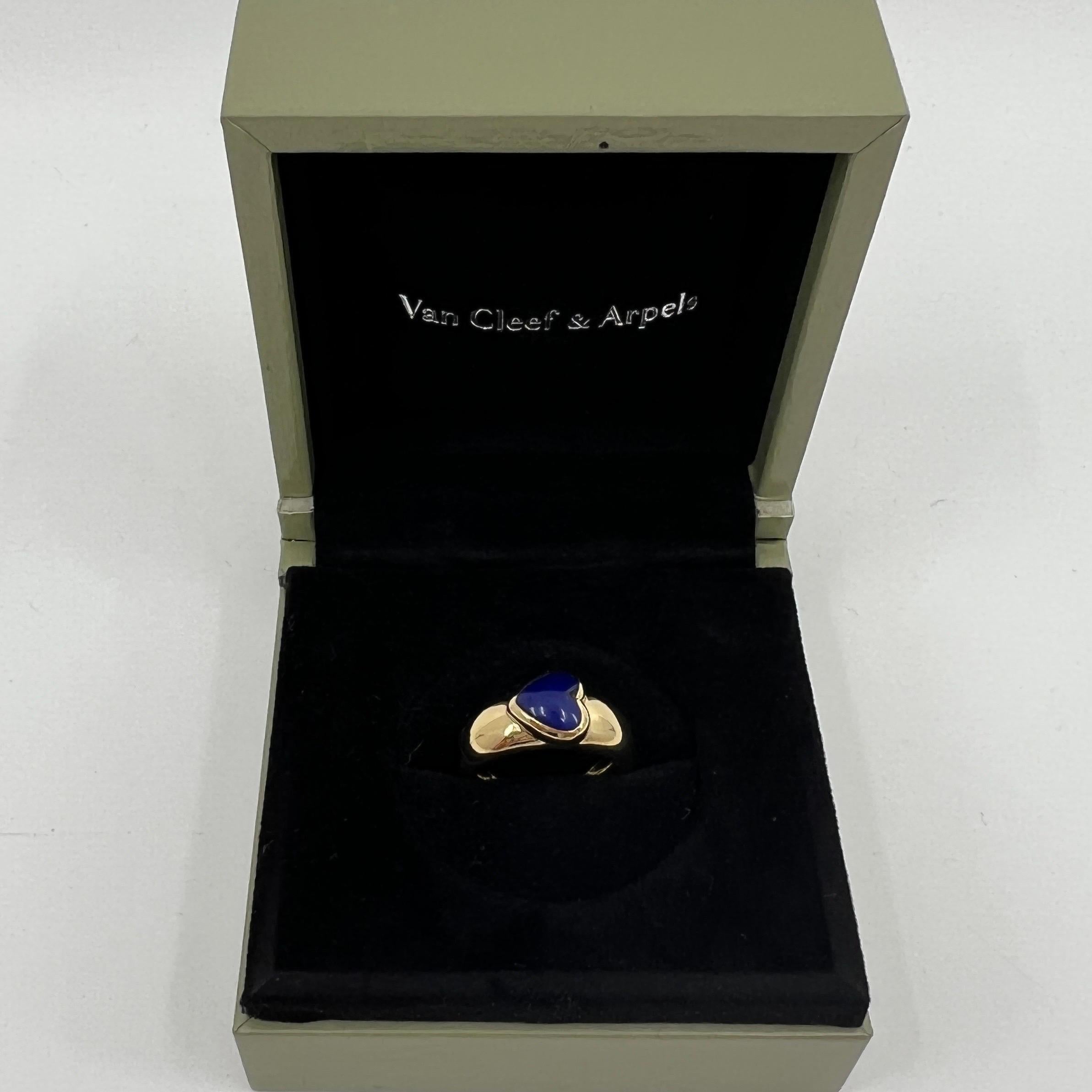 Rare Vintage Van Cleef & Arpels 18k Yellow Gold Lapis Lazuli Heart Ring.

A stunning vintage ring with a beautiful heart cut lapis lazuli set in the centre. Fine jewellery houses like Van Cleef & Arpels only use the finest natural gemstones in their