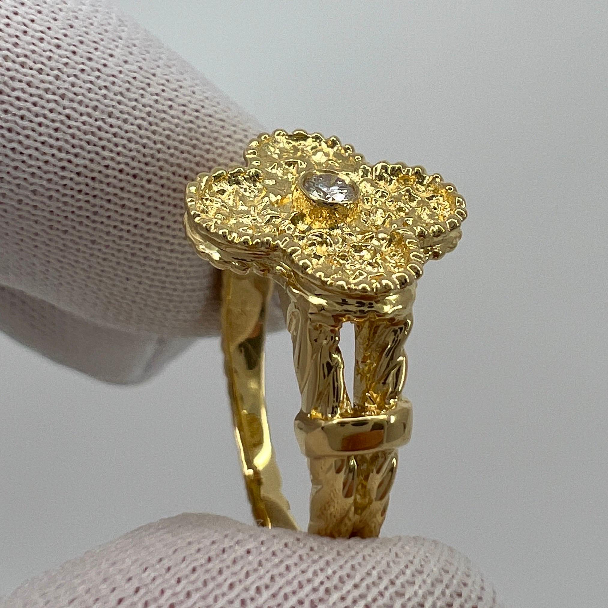 Round Cut Rare Vintage Van Cleef & Arpels Alhambra Diamond Flower 18k Yellow Gold Ring