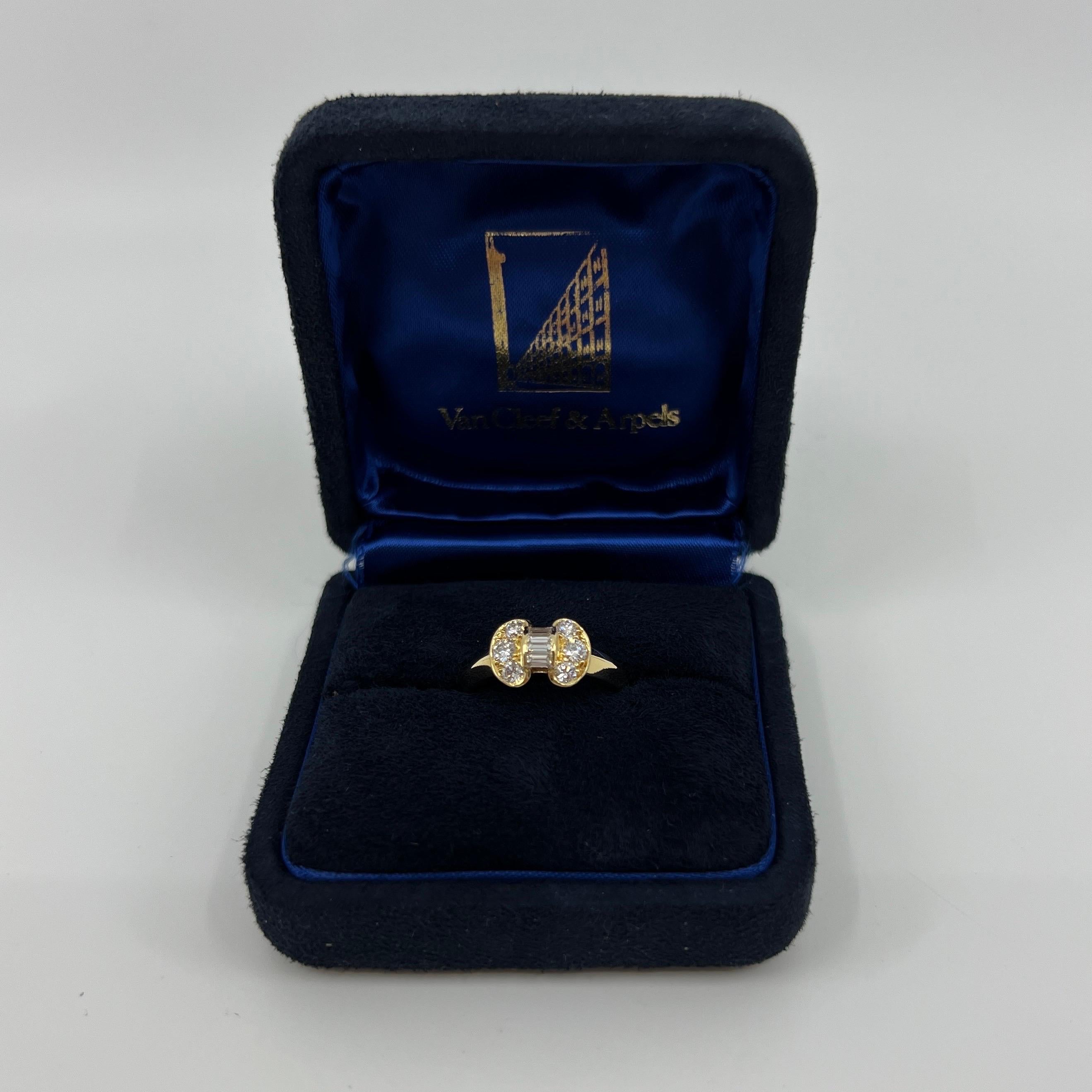 Rare Vintage Van Cleef & Arpels Diamond Ribbon 18k Yellow Gold Bow Ring.

A stunning vintage ring with a unique design typical of Van Cleef & Arpels, set with a beautiful arrangement of top quality white diamonds.
Fine baguette and round brilliant