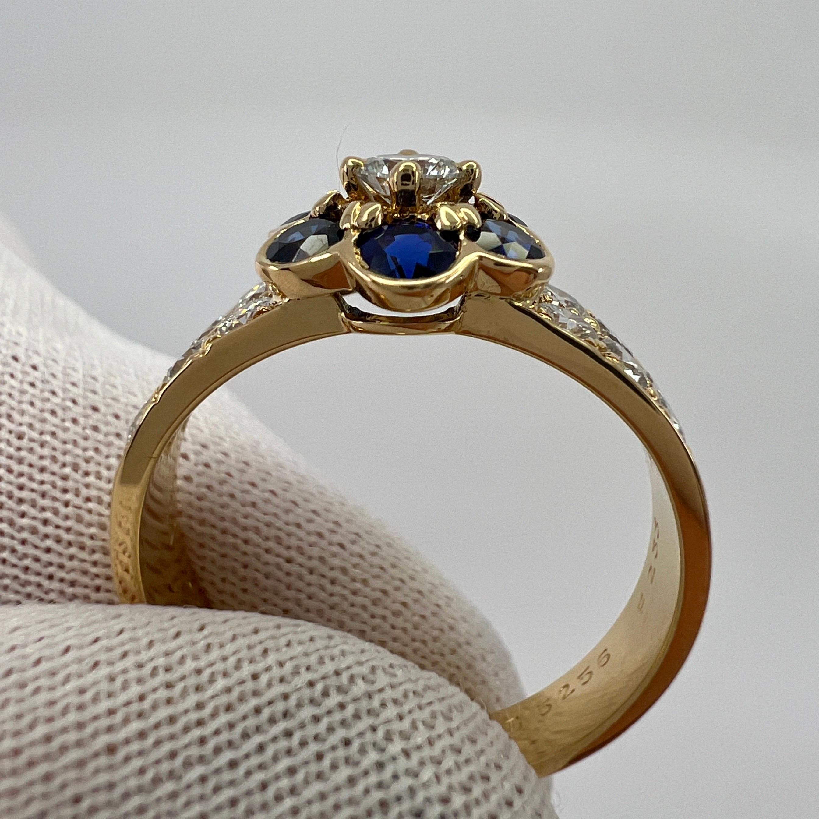 Rare Vintage Van Cleef & Arpels Blue Sapphire & Diamond Fleurette Flower Ring For Sale 2
