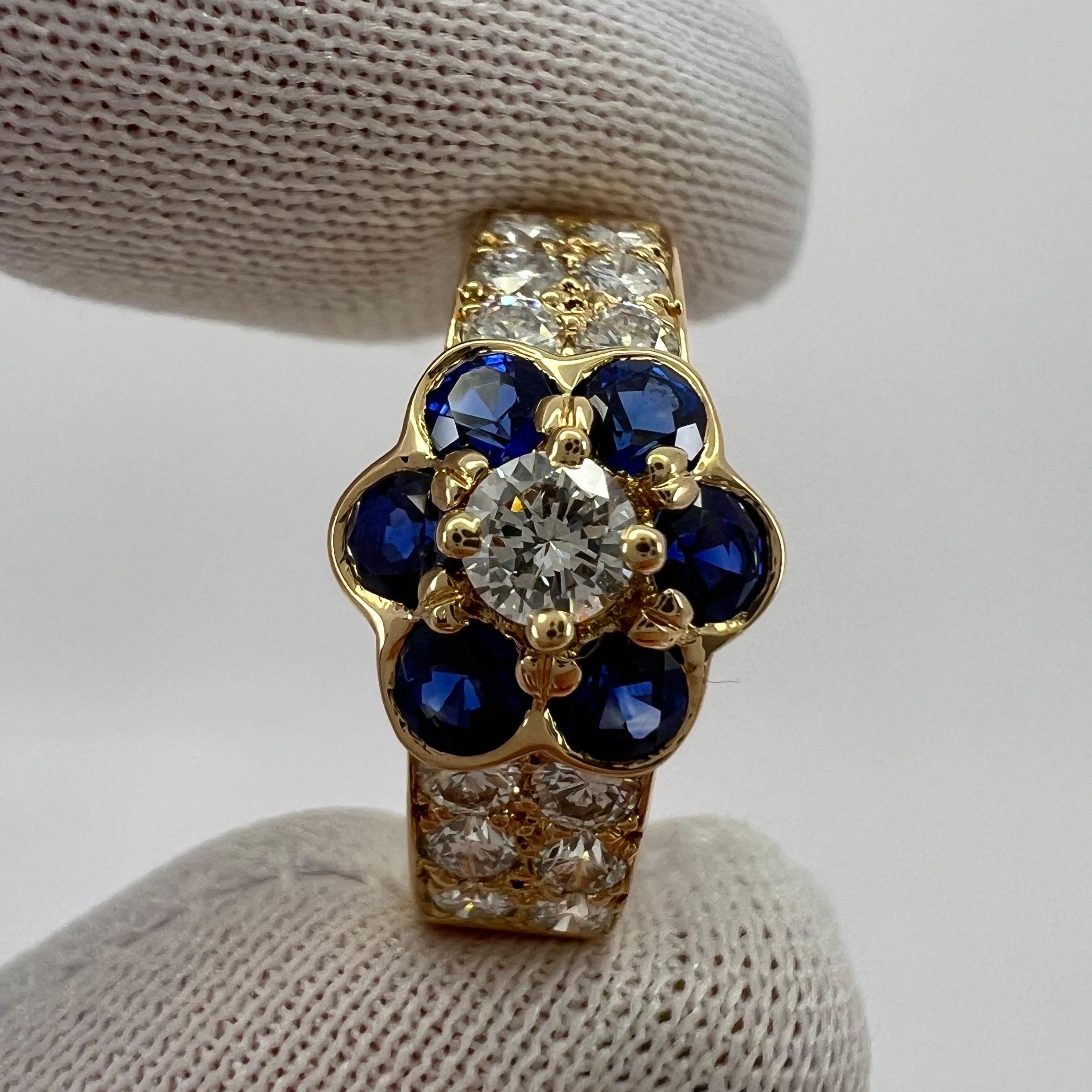 Rare Vintage Van Cleef & Arpels Blue Sapphire & Diamond Fleurette Flower Ring For Sale 3