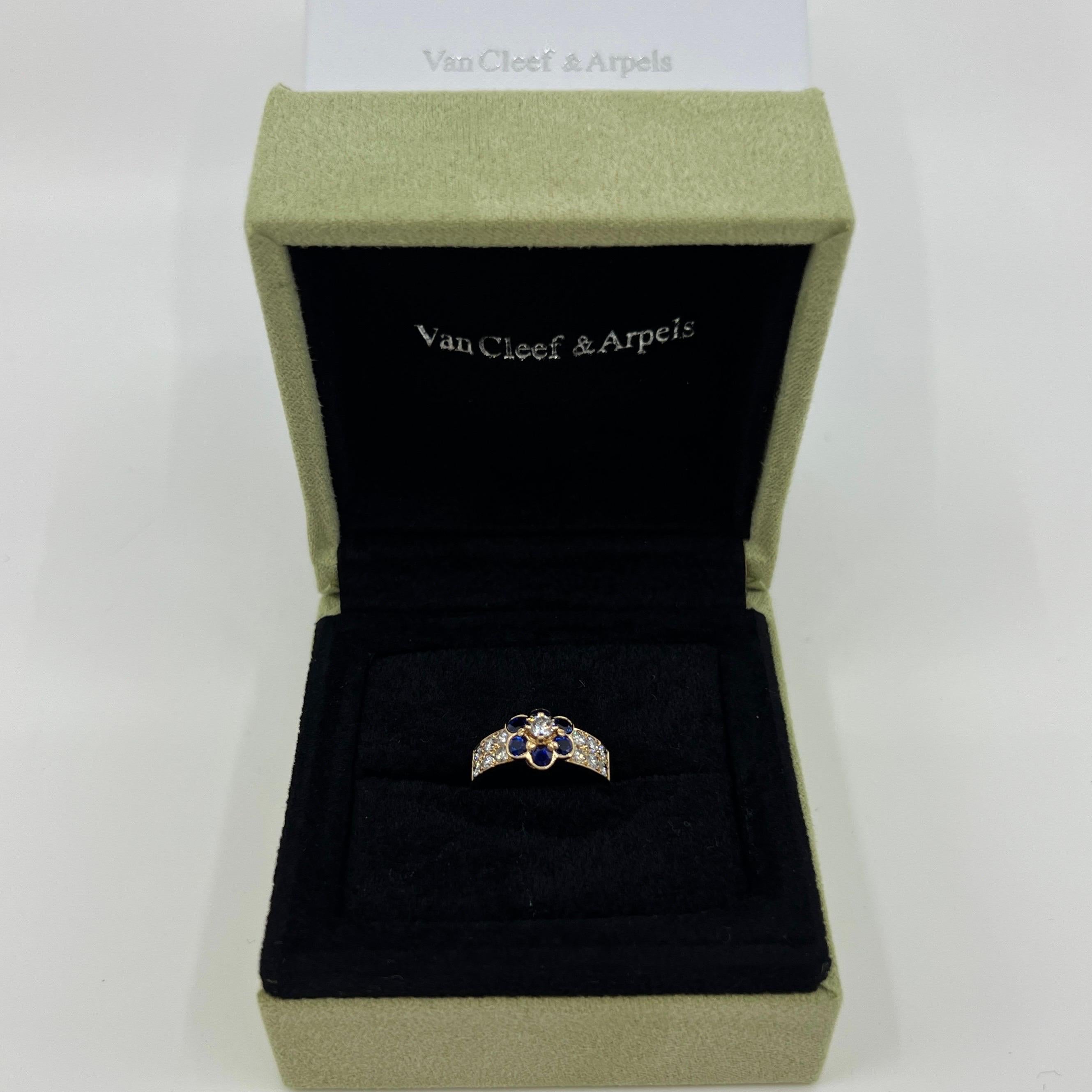 Rare Vintage Van Cleef & Arpels Blue Sapphire & Diamond Fleurette Flower Ring For Sale 4