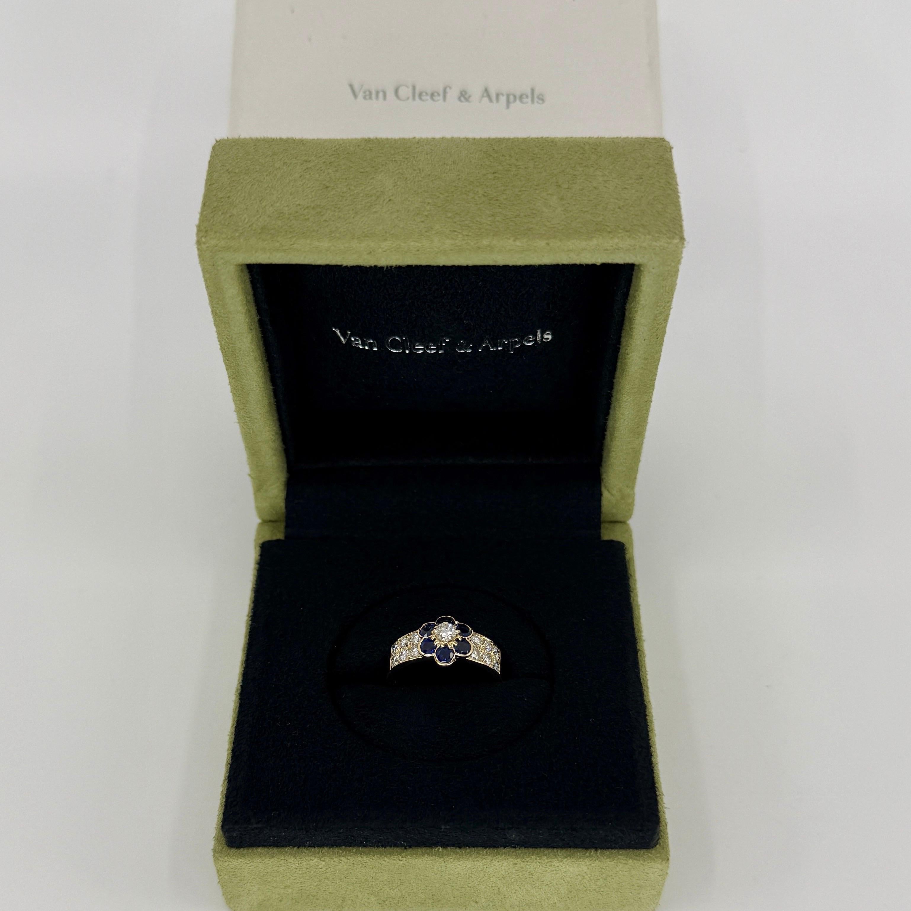 Rare Vintage Van Cleef & Arpels Blue Sapphire & Diamond Fleurette Flower Ring 7