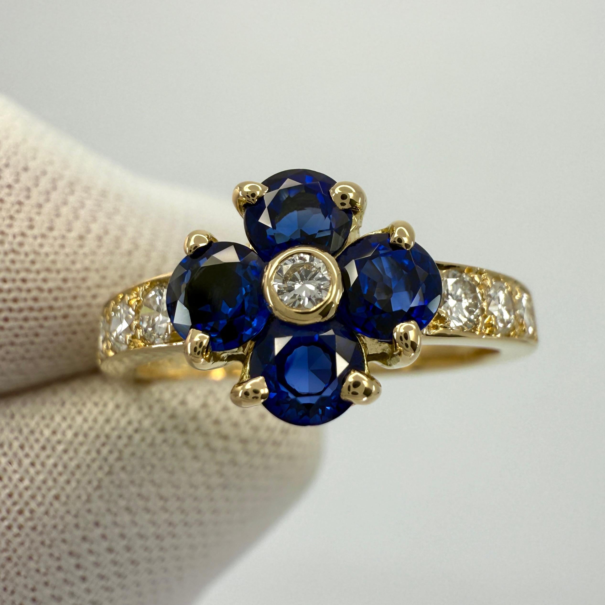 Round Cut Rare Vintage Van Cleef & Arpels Blue Sapphire & Diamond Fleurette Flower Ring For Sale