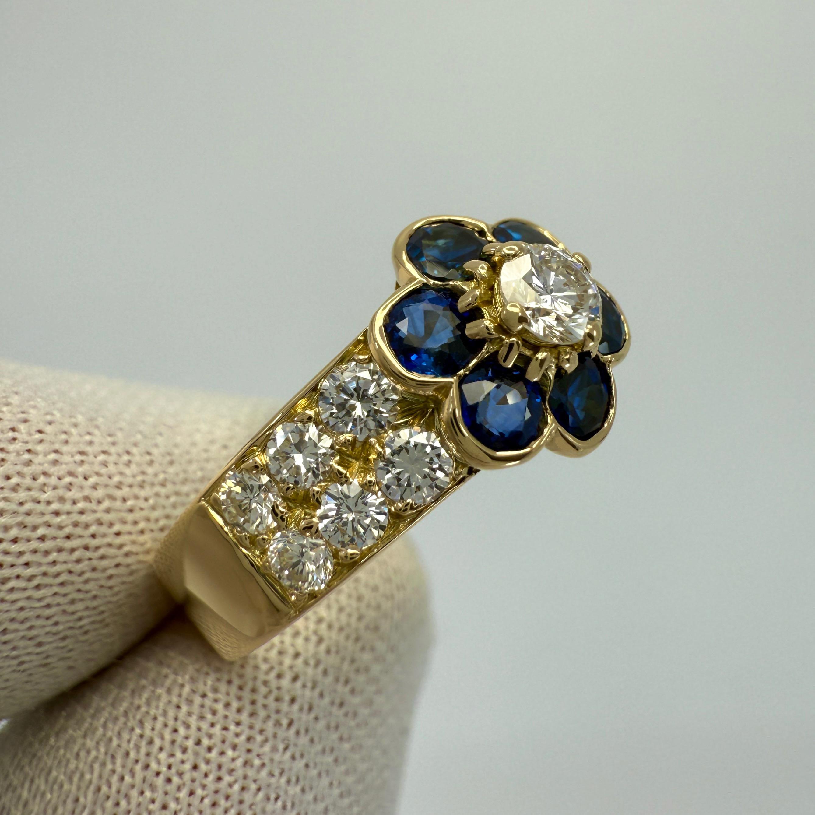 Rare Vintage Van Cleef & Arpels Blue Sapphire & Diamond Fleurette Flower Ring In Excellent Condition In Birmingham, GB