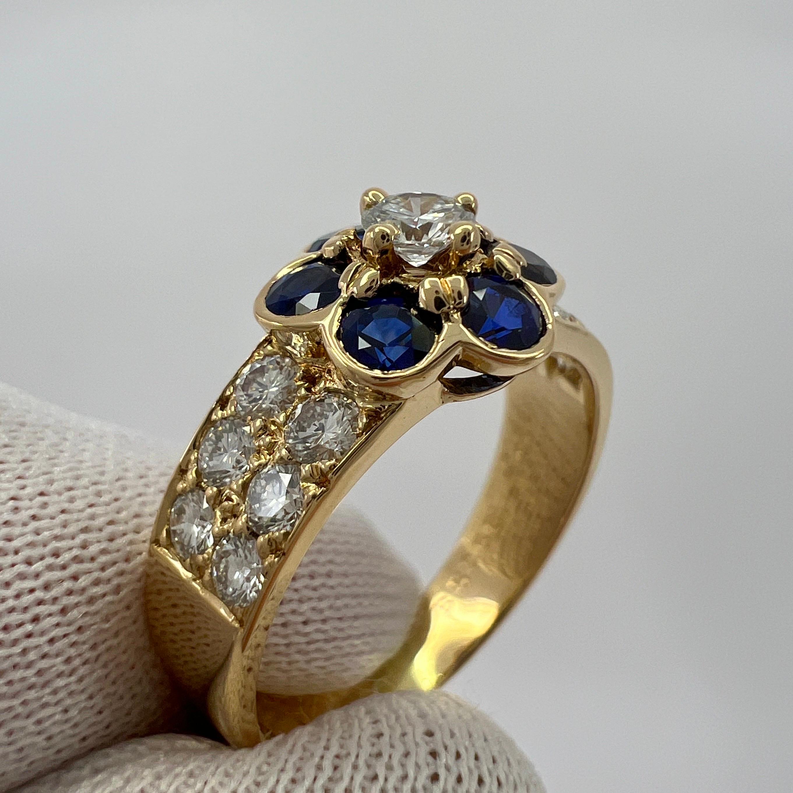 Rare Vintage Van Cleef & Arpels Blue Sapphire & Diamond Fleurette Flower Ring In Excellent Condition For Sale In Birmingham, GB