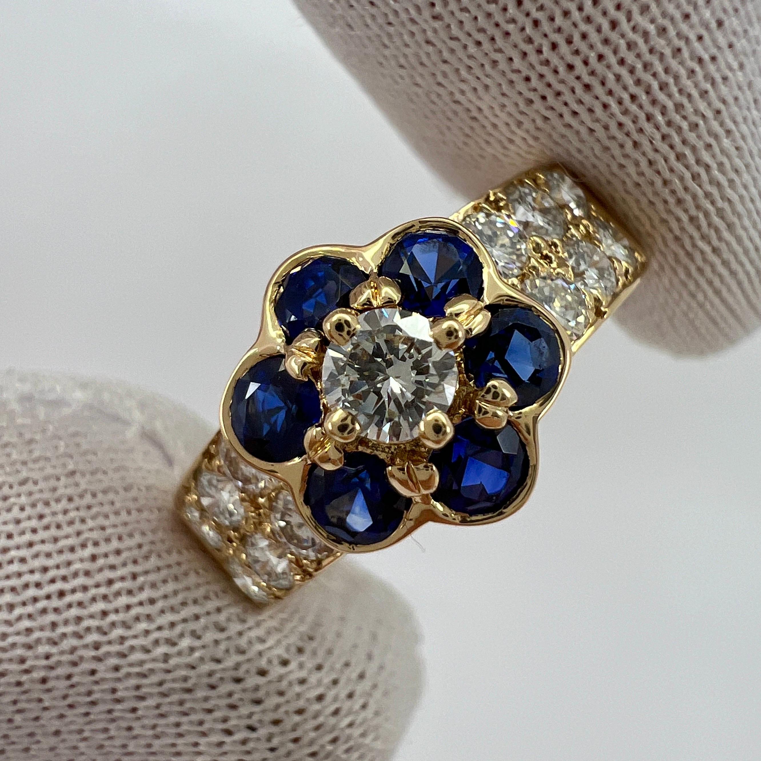 Rare Vintage Van Cleef & Arpels Blue Sapphire & Diamond Fleurette Flower Ring For Sale 1