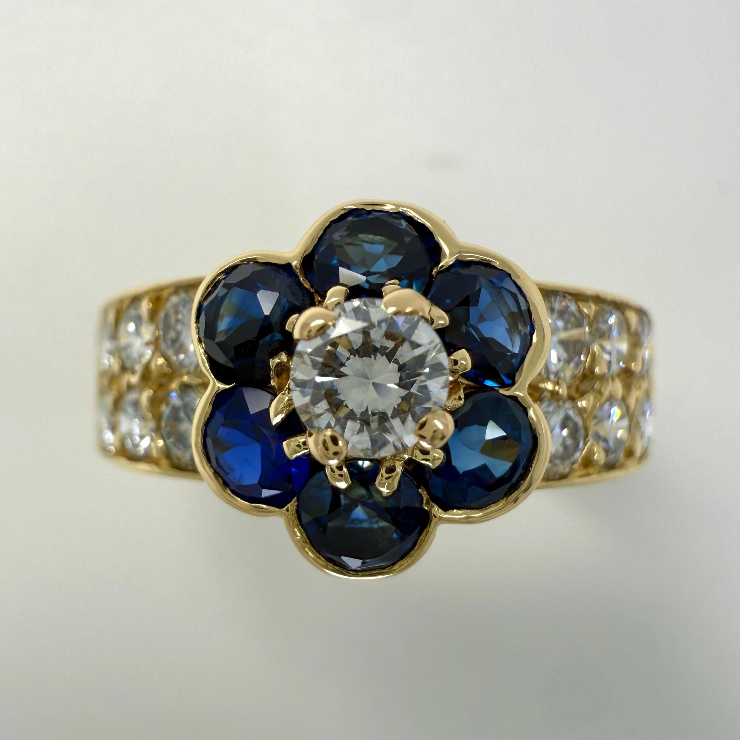 Rare Vintage Van Cleef 
Arpels Blue Sapphire 
Diamond Fleurette Flower Ring For Sale