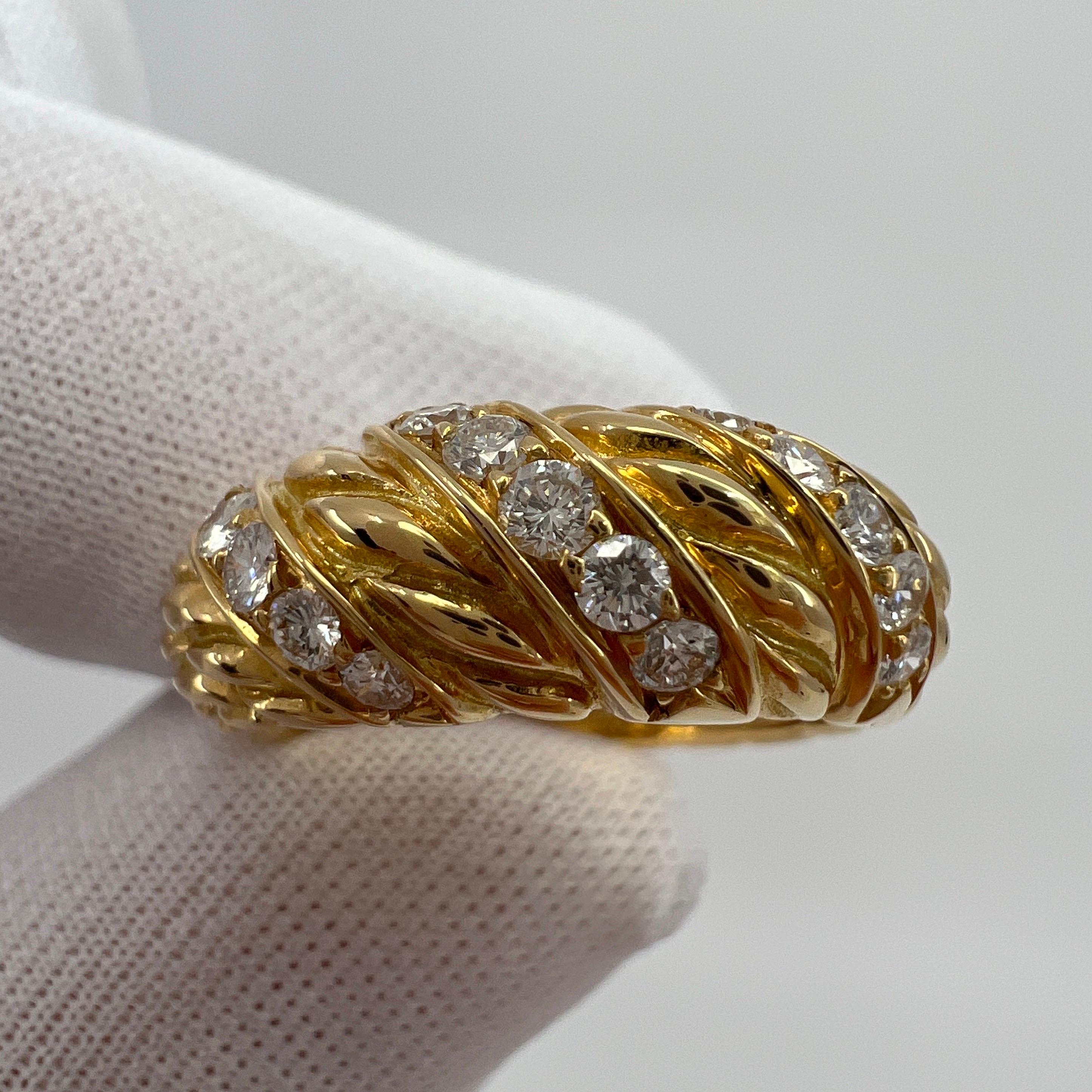 Round Cut Rare Vintage Van Cleef & Arpels Diamond 18k Yellow Gold Twist Rope Ring with Box