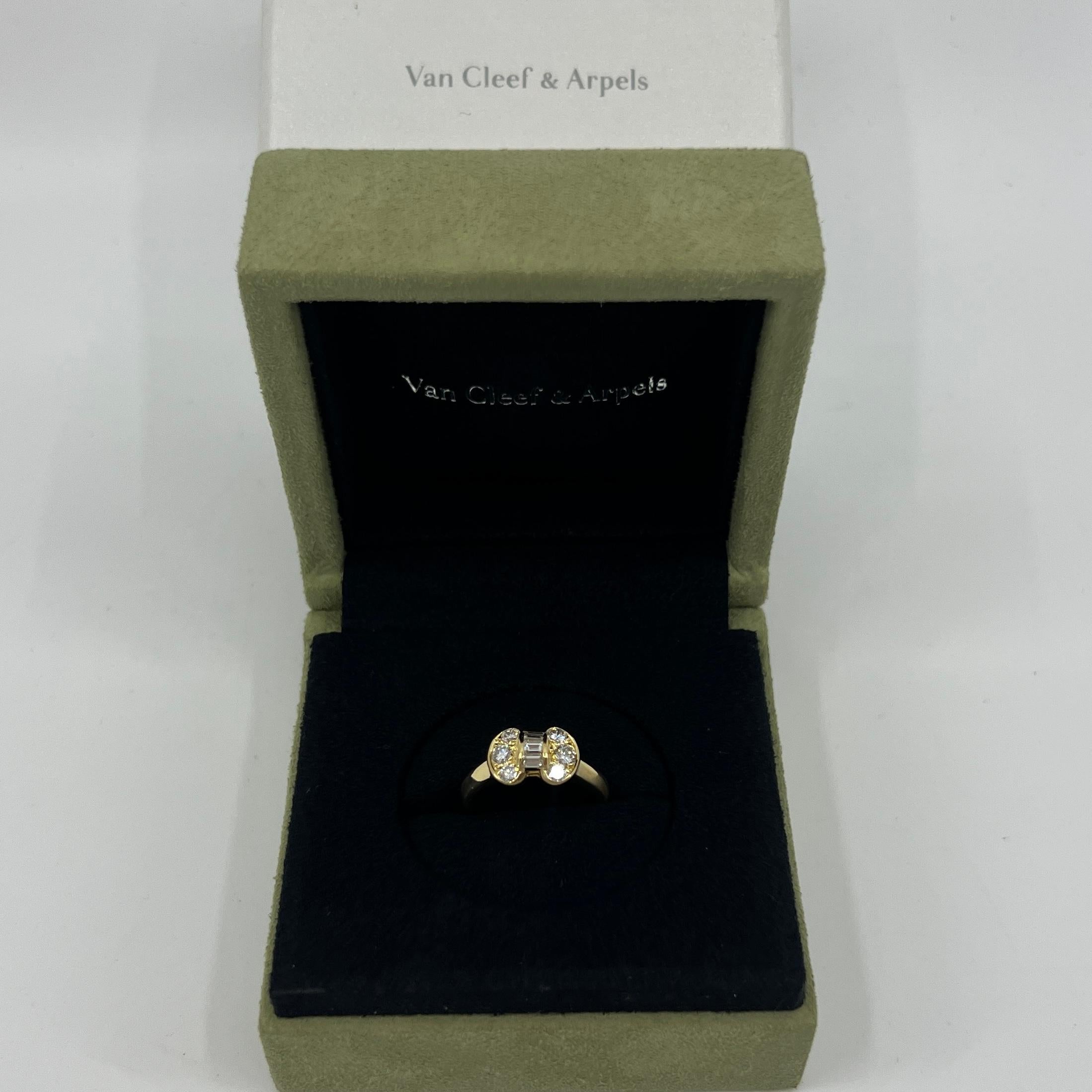 Rare Vintage Van Cleef & Arpels Diamond Ribbon 18k Yellow Gold Bow Celeste Ring.

A stunning ring with a unique design typical of Van Cleef & Arpels, set with a beautiful arrangement of top quality white diamonds.
Fine baguette and round brilliant