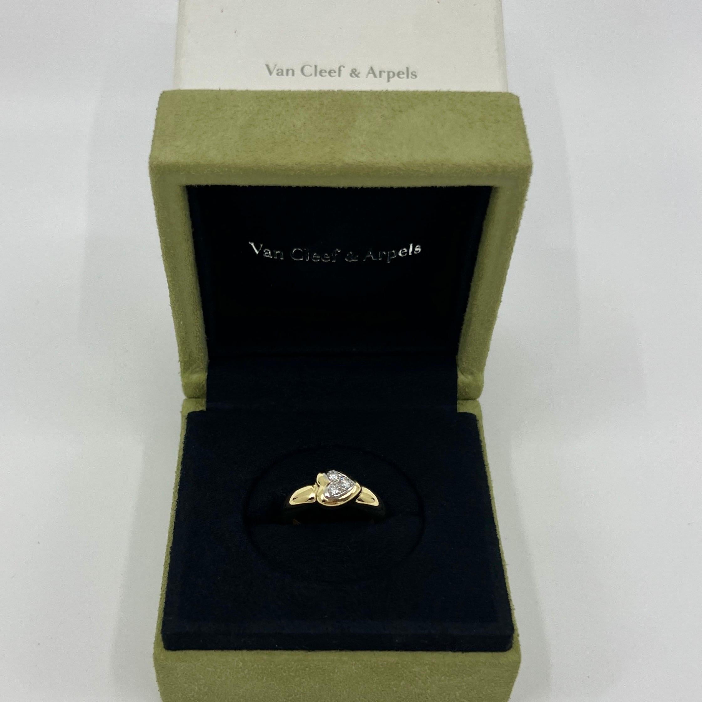 Rare Vintage Van Cleef & Arpels Round Cut Diamond Heart Dome 18k Yellow Gold And Platinum Ring.

A stunning vintage Van Cleef & Arpels ring with a beautiful diamond accented heart shaped dome top. Set into 950 platinum.
Fine quality diamonds as to