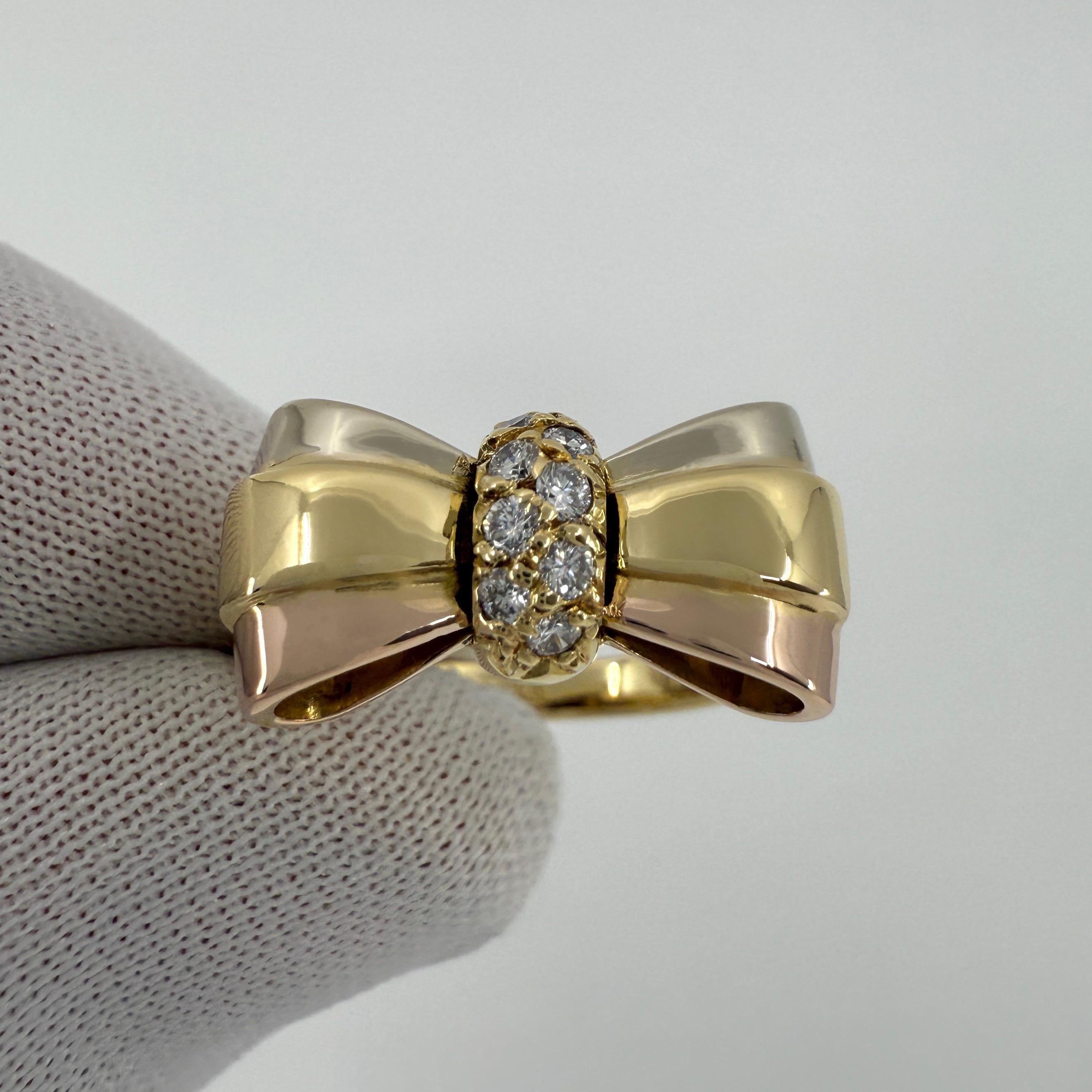 Round Cut Rare Vintage Van Cleef & Arpels Diamond Ribbon Bow 18k Mutli Tone Gold Ring For Sale