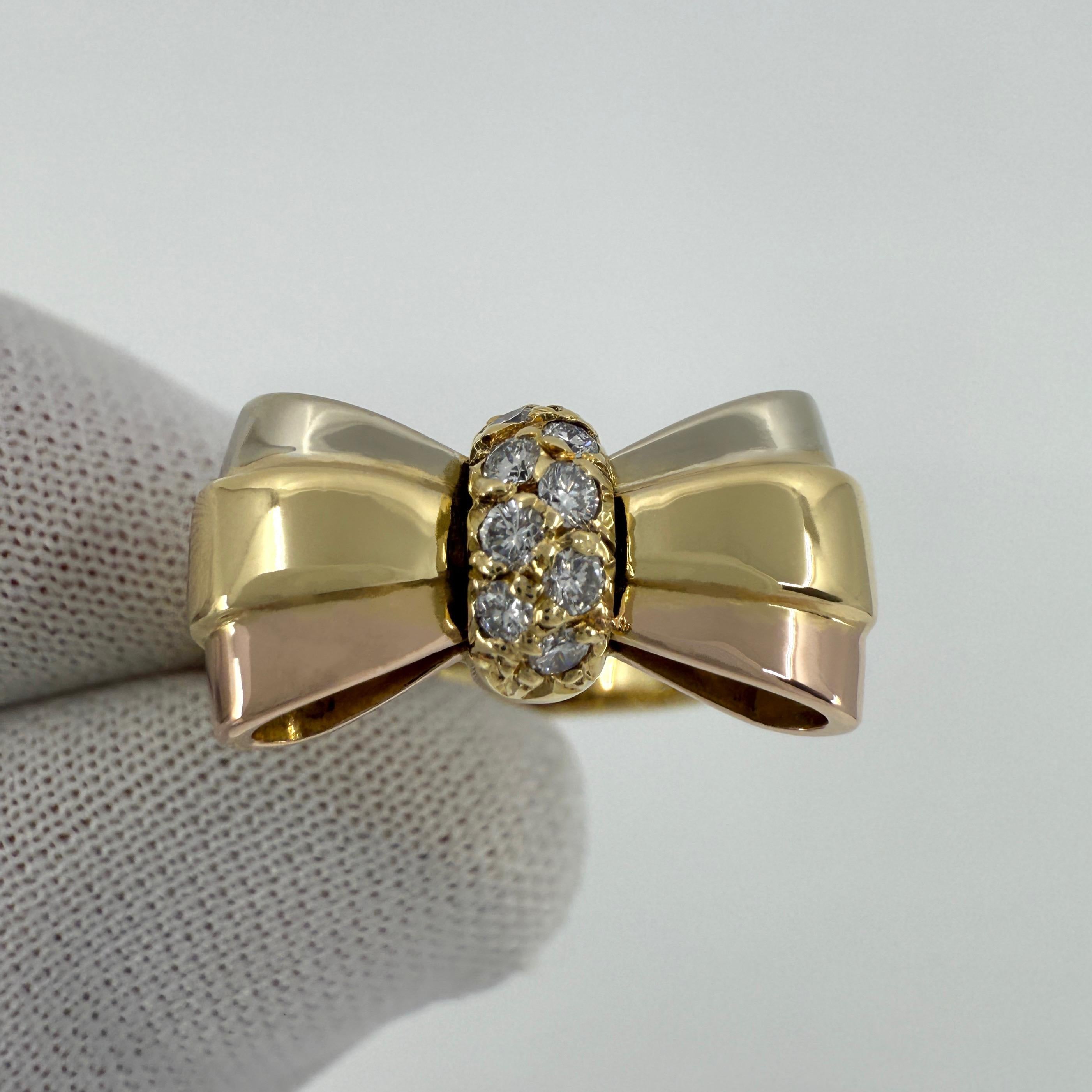 Rare Vintage Van Cleef & Arpels Diamond Ribbon Bow 18k Mutli Tone Gold Ring In Excellent Condition For Sale In Birmingham, GB