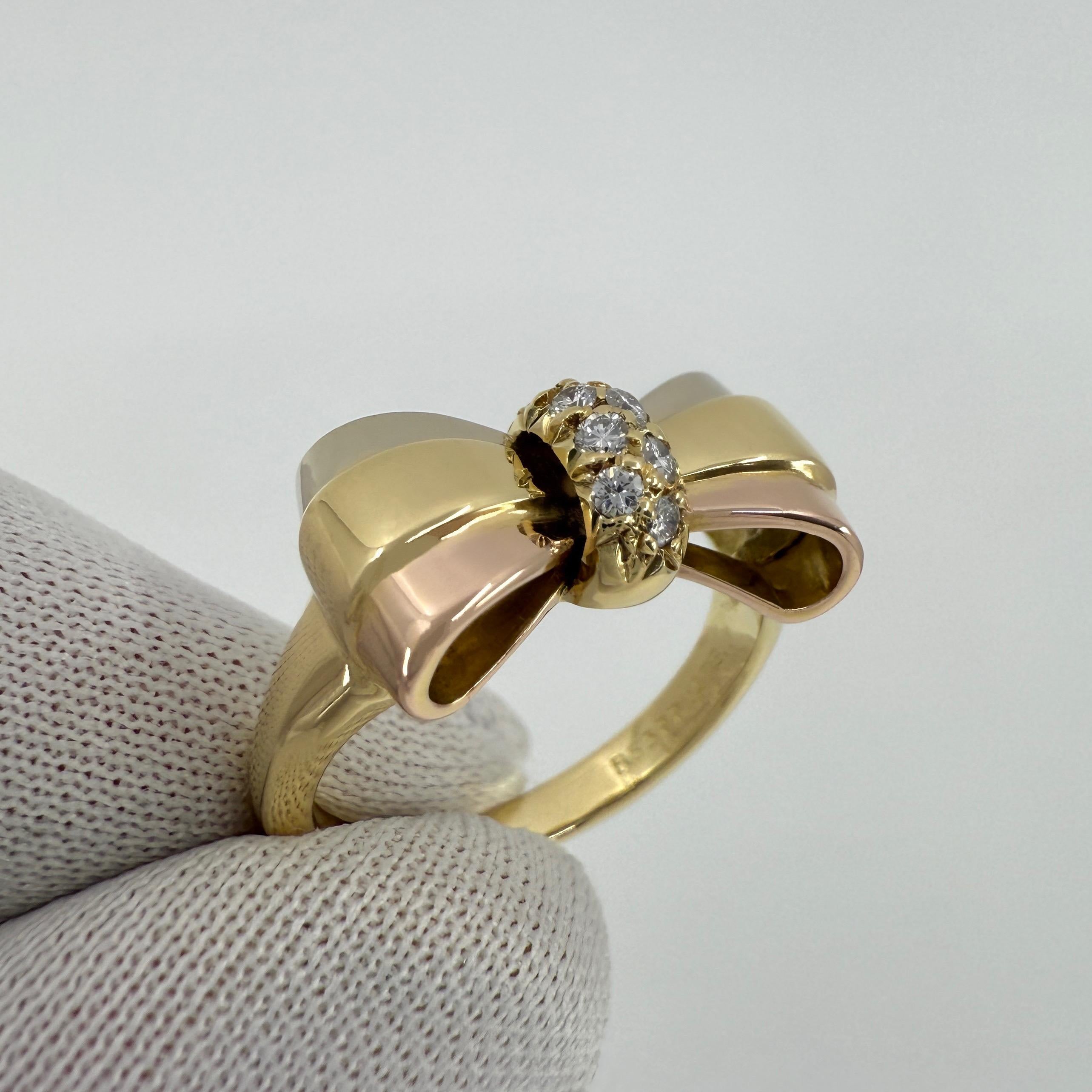 Rare Vintage Van Cleef & Arpels Diamond Ribbon Bow 18k Mutli Tone Gold Ring For Sale 1