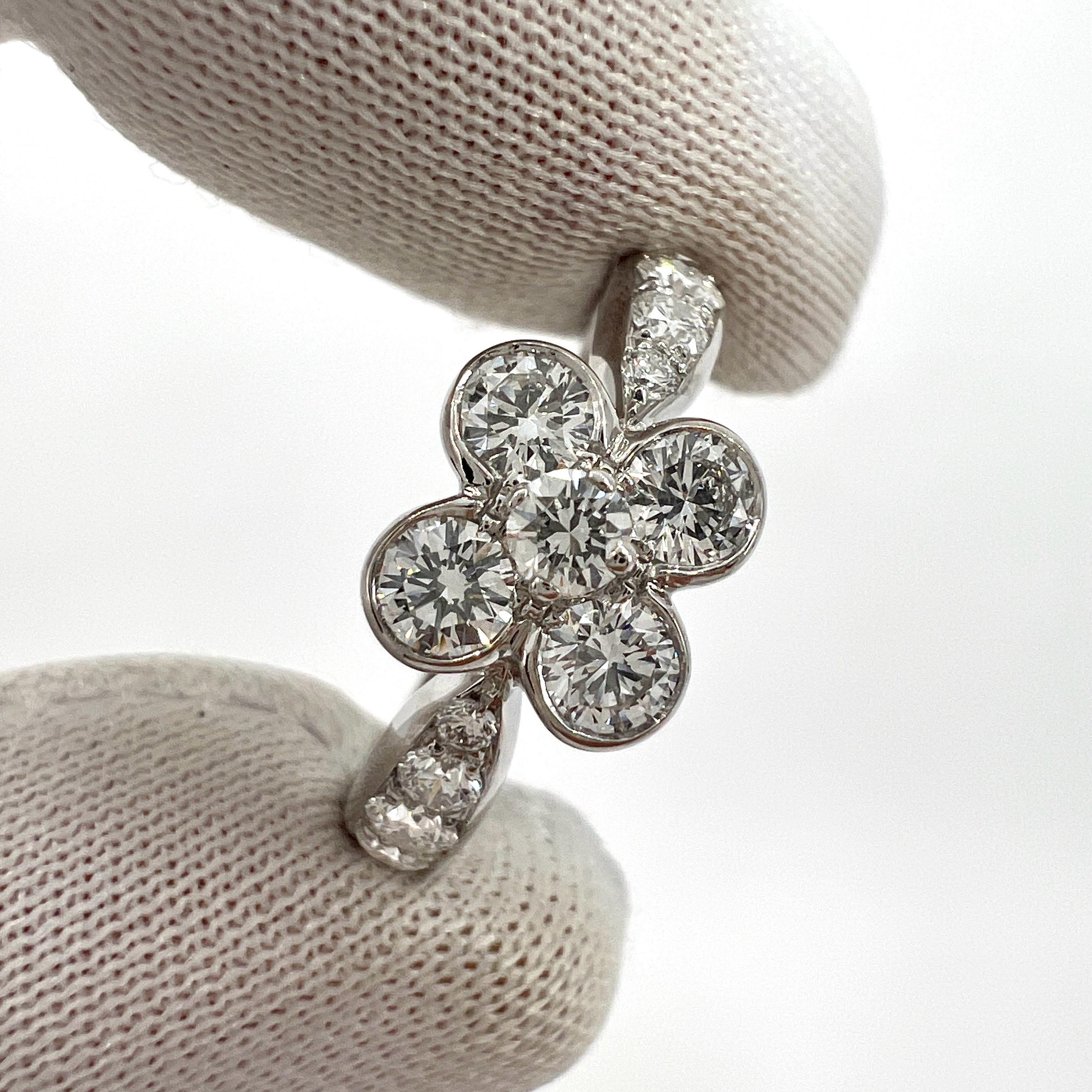 Round Cut Rare Vintage Van Cleef & Arpels Onbell Diamond 18k White Gold Flower Ring 51 For Sale