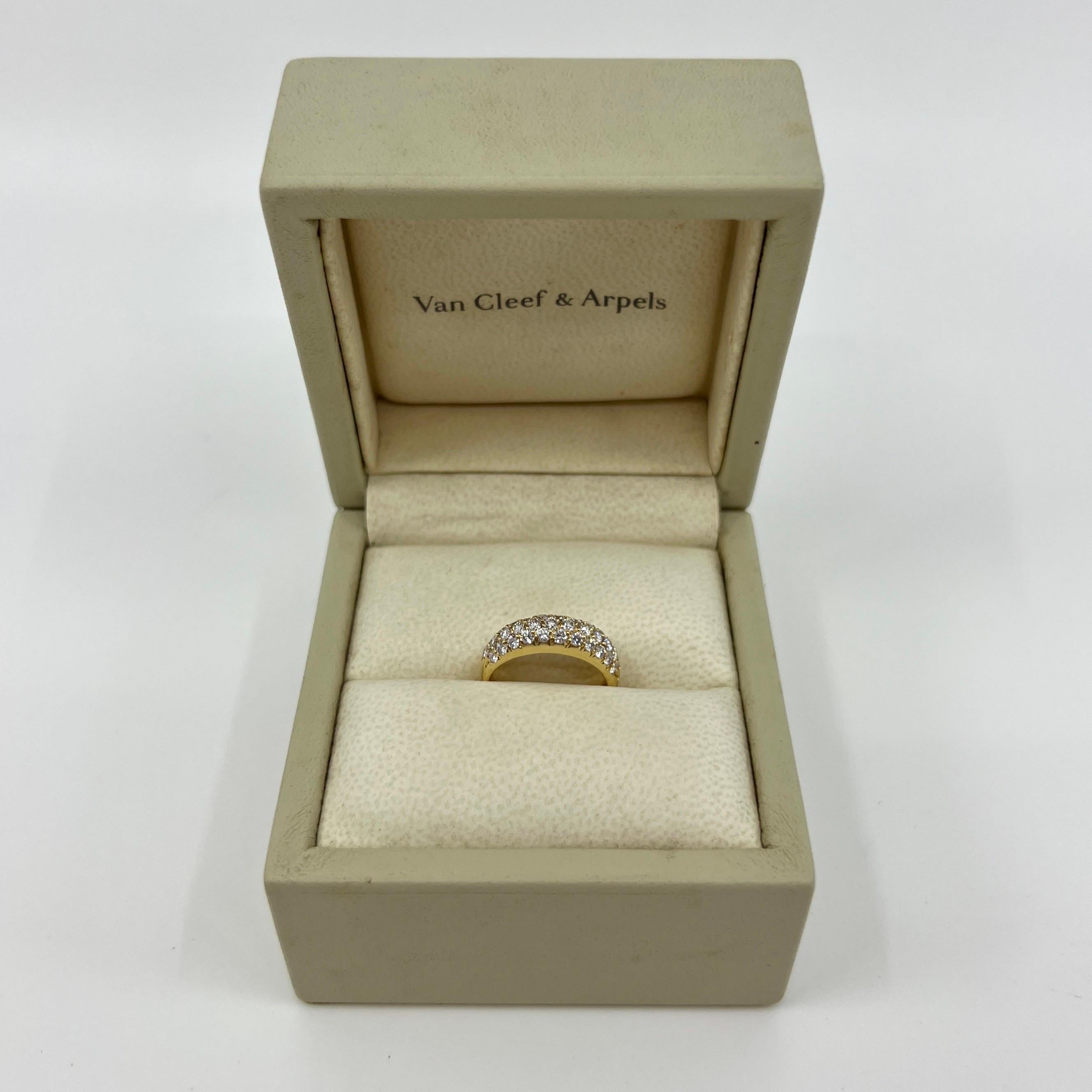 Rare Vintage Van Cleef & Arpels Pavé Diamond 18k Yellow Gold Band Ring.

This beautifully made ring by VCA features a curved dome design with three rows of beautifully set Pavé diamonds going halfway around the band.

The diamonds are of excellent
