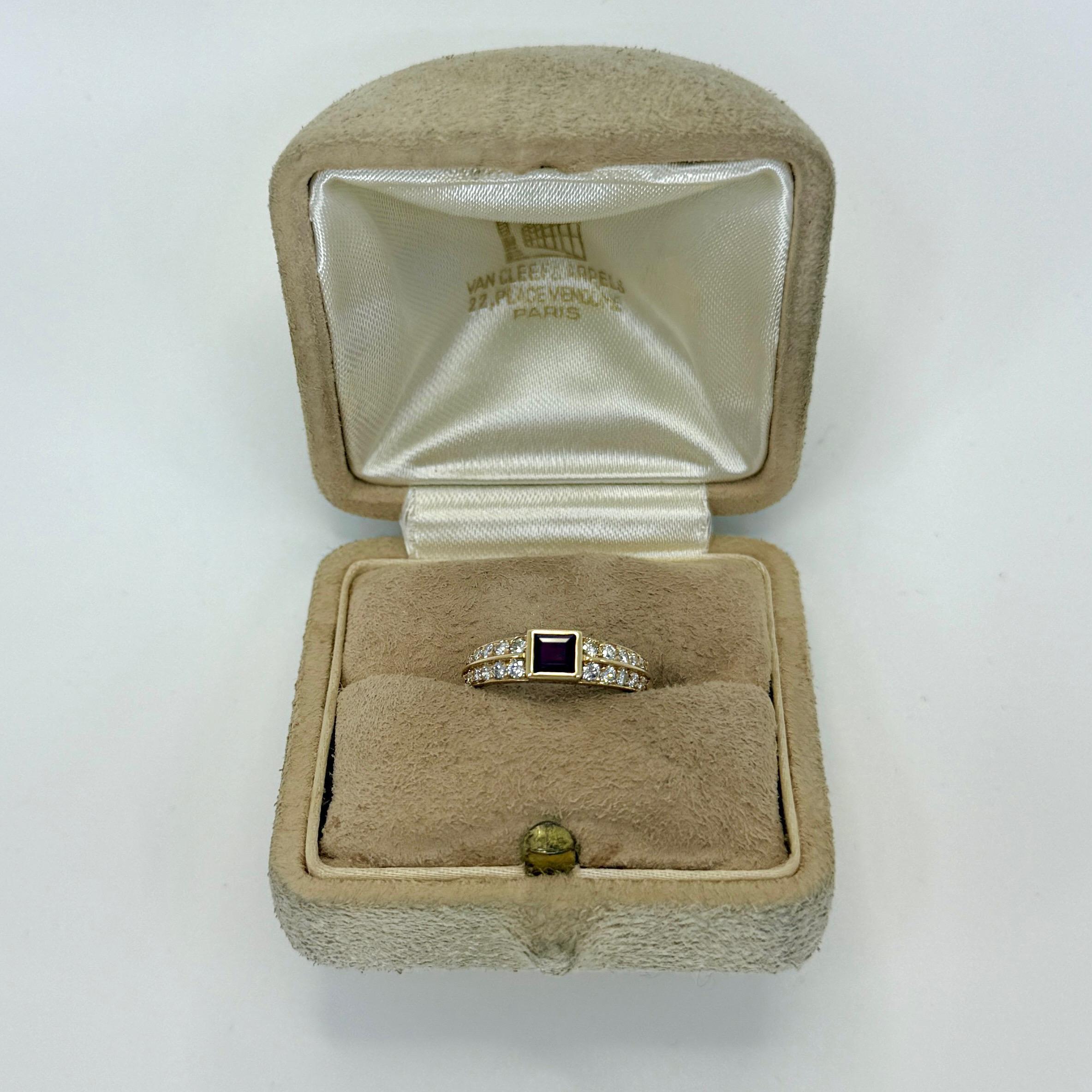Rare Vintage Van Cleef & Arpels Princess Cut Ruby & Diamond 18k Yellow Gold Ring For Sale 6