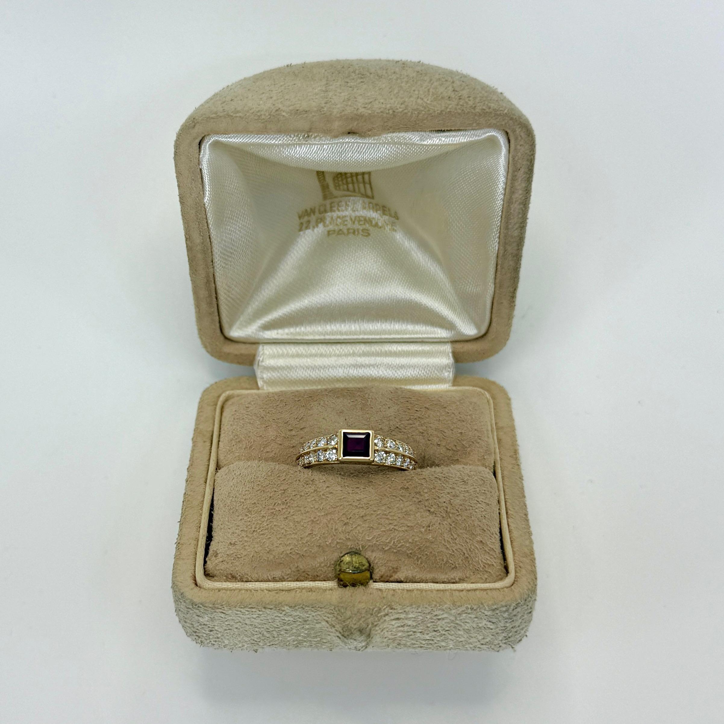 Rare Vintage Van Cleef & Arpels Princess Cut Ruby And Diamond 18k Yellow Gold Ring.

A fine ring with a classic design typical of Van Cleef & Arpels, set with a beautiful arrangement of a top quality natural ruby and white diamonds.

The ring