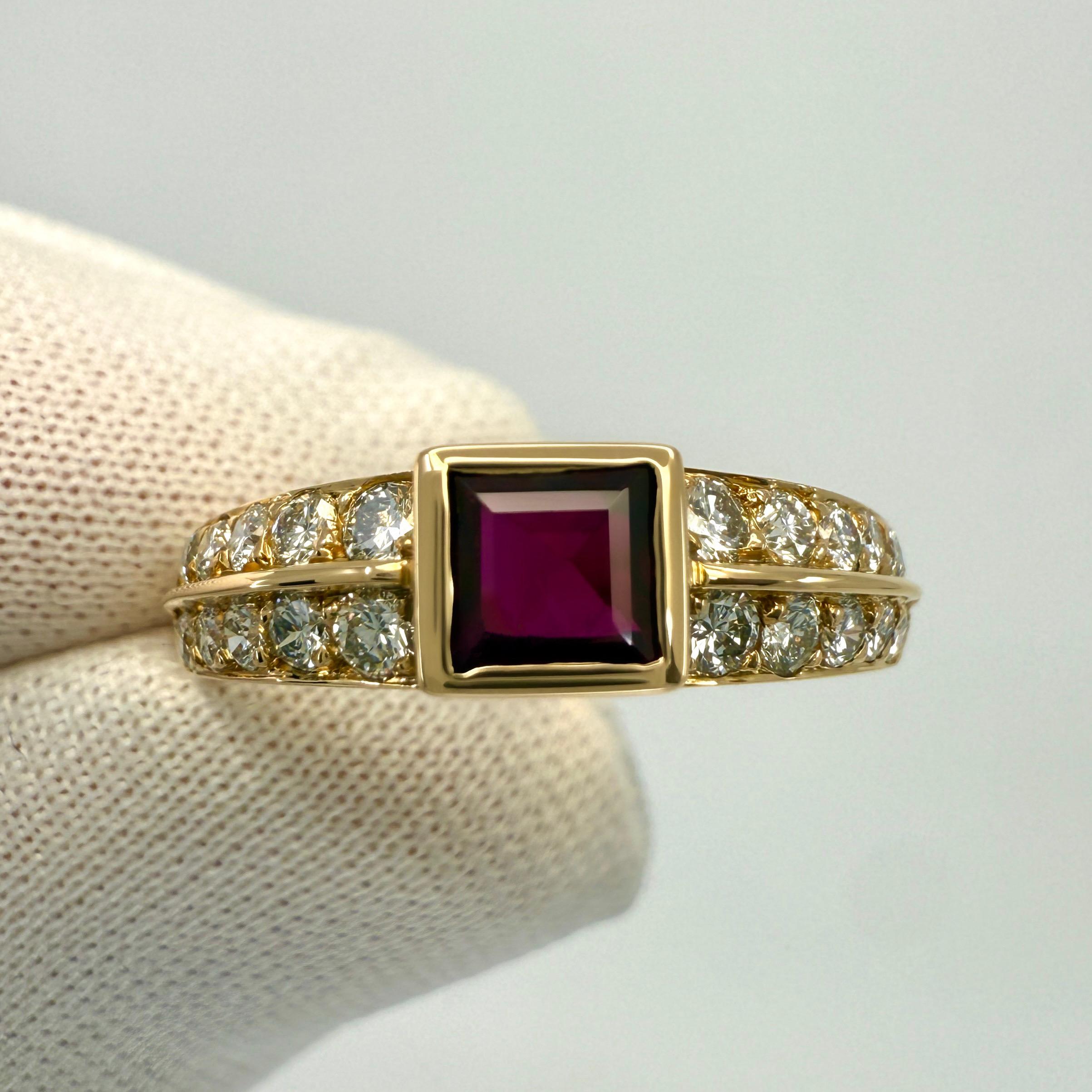 Rare Vintage Van Cleef & Arpels Princess Cut Ruby & Diamond 18k Yellow Gold Ring In Excellent Condition For Sale In Birmingham, GB