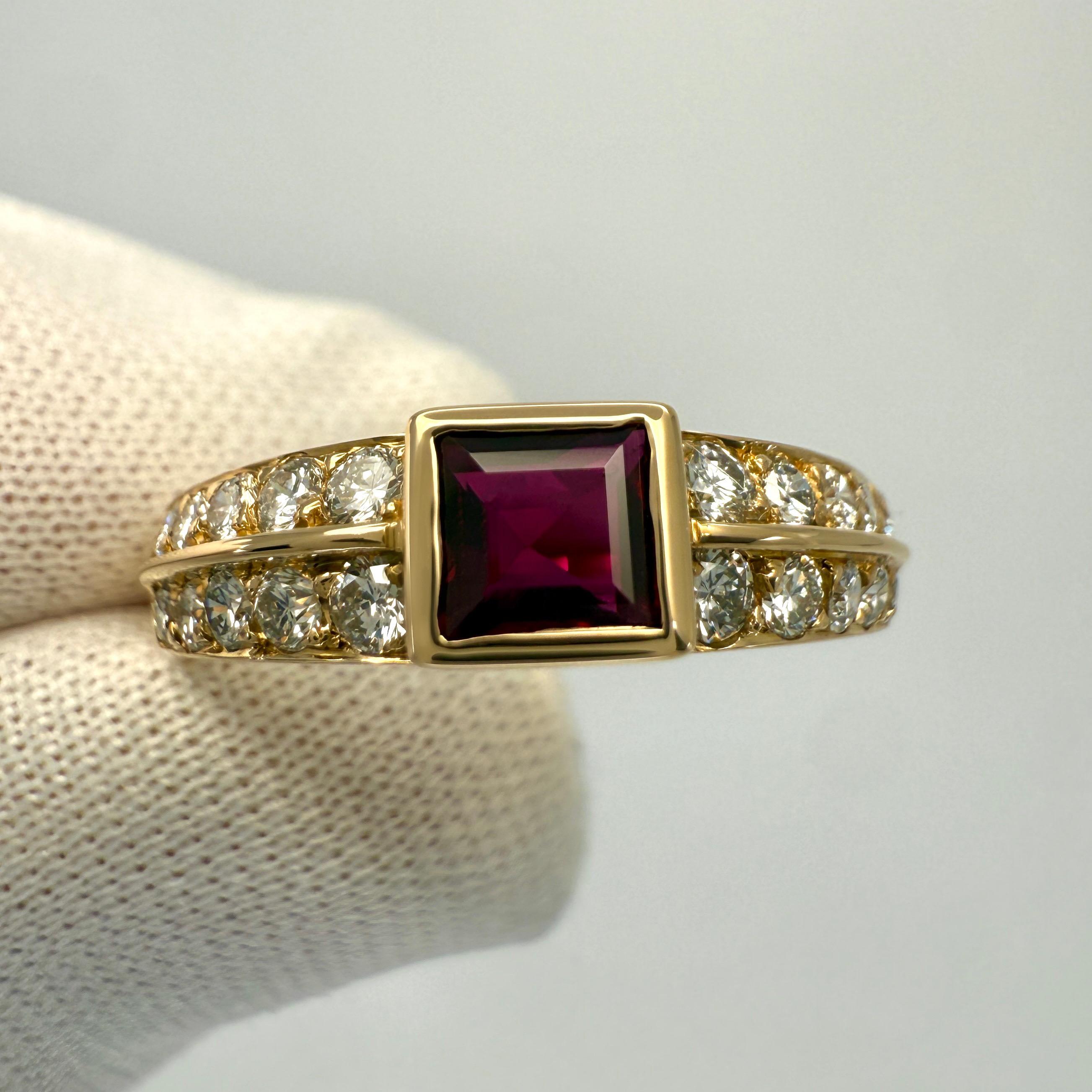 Rare Vintage Van Cleef & Arpels Princess Cut Ruby & Diamond 18k Yellow Gold Ring For Sale 1