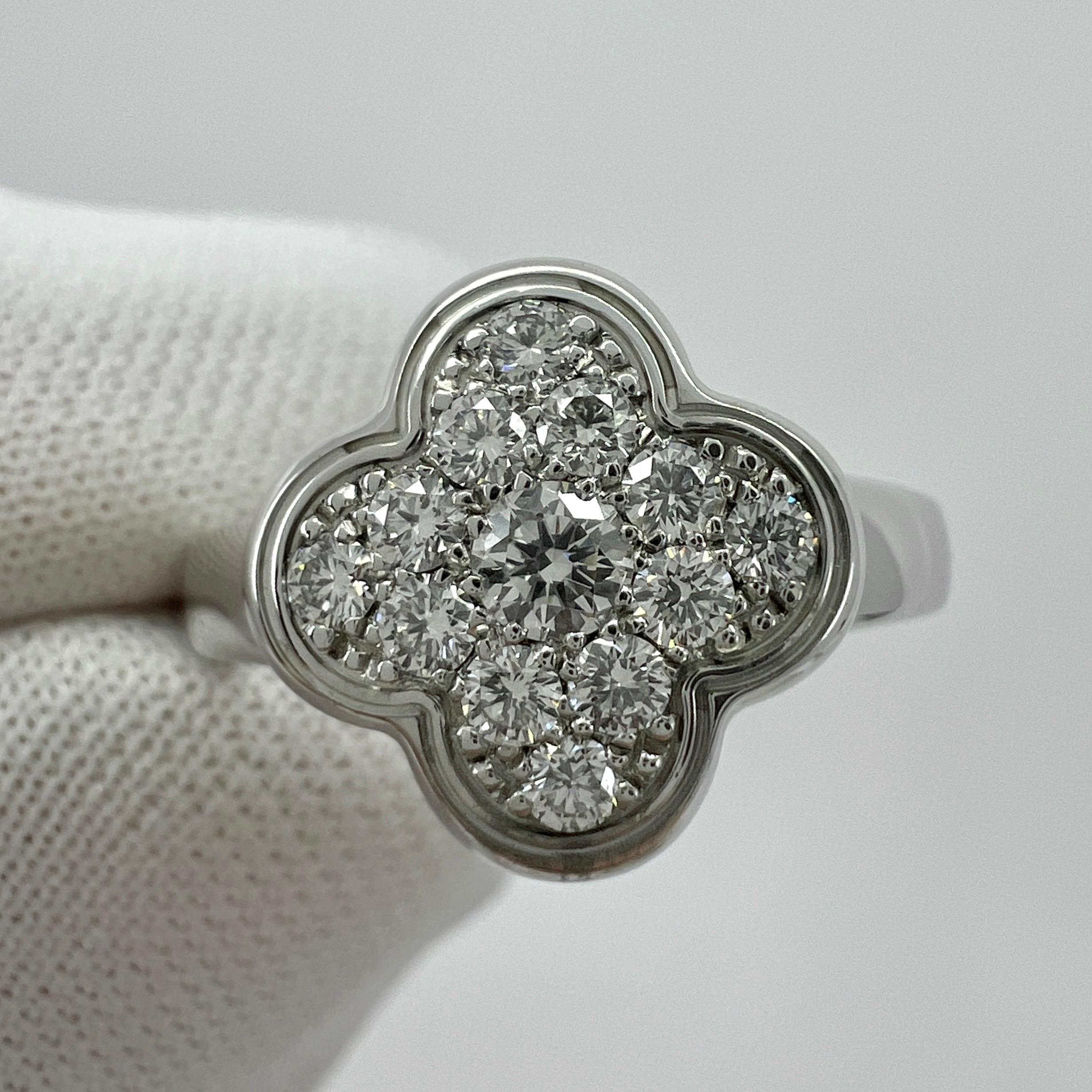 Rare Vintage Van Cleef & Arpels Pure Alhambra Diamond Flower 18k White Gold Ring In Excellent Condition For Sale In Birmingham, GB