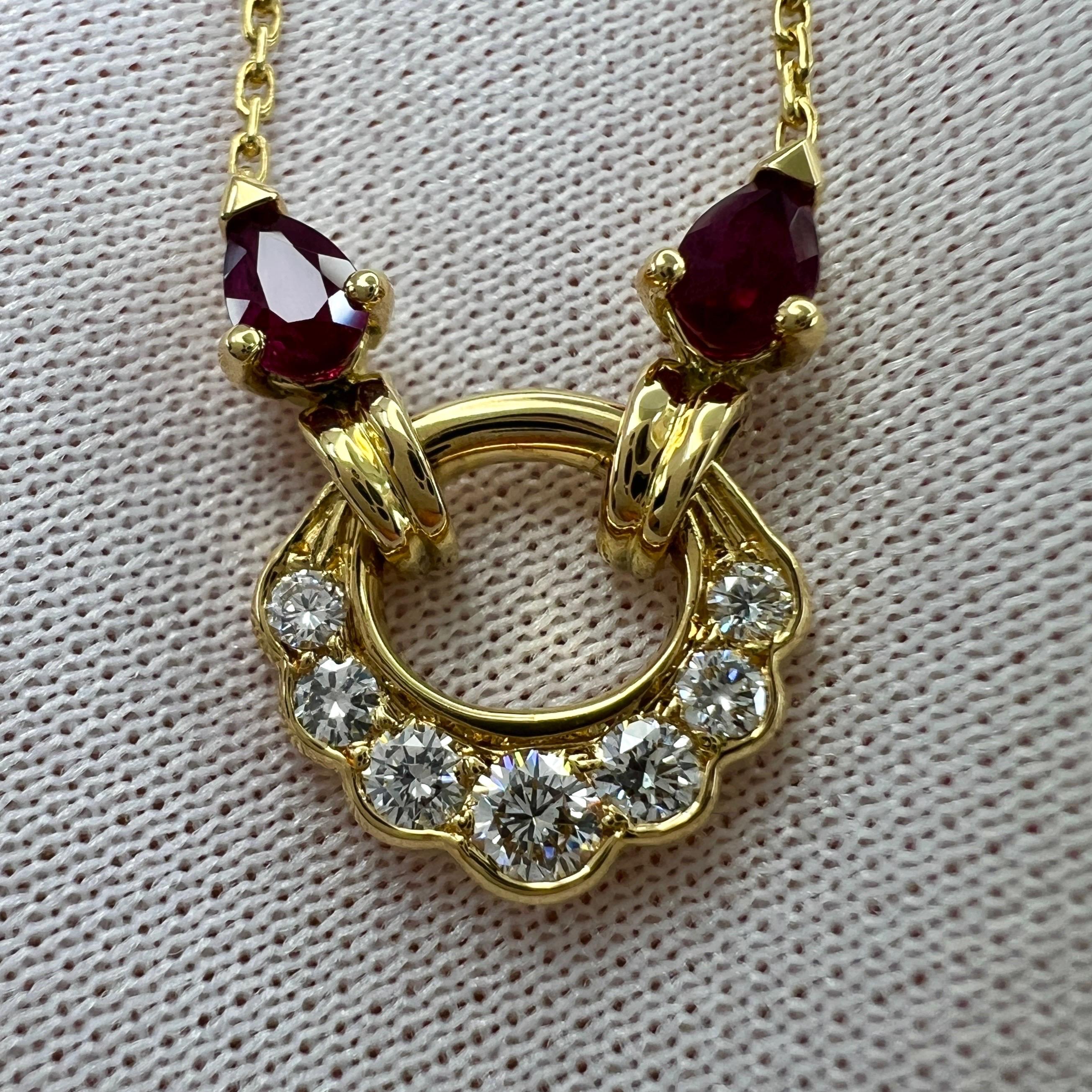 Vintage Van Cleef & Arpels Red Ruby And Diamond 18k Yellow Gold Pendant Necklace.

A beautiful vintage pendant necklace by Van Cleef & Arpels with a stunning pair of deep red pear cut rubies measuring 5x4mm and seven graduating colourless diamonds