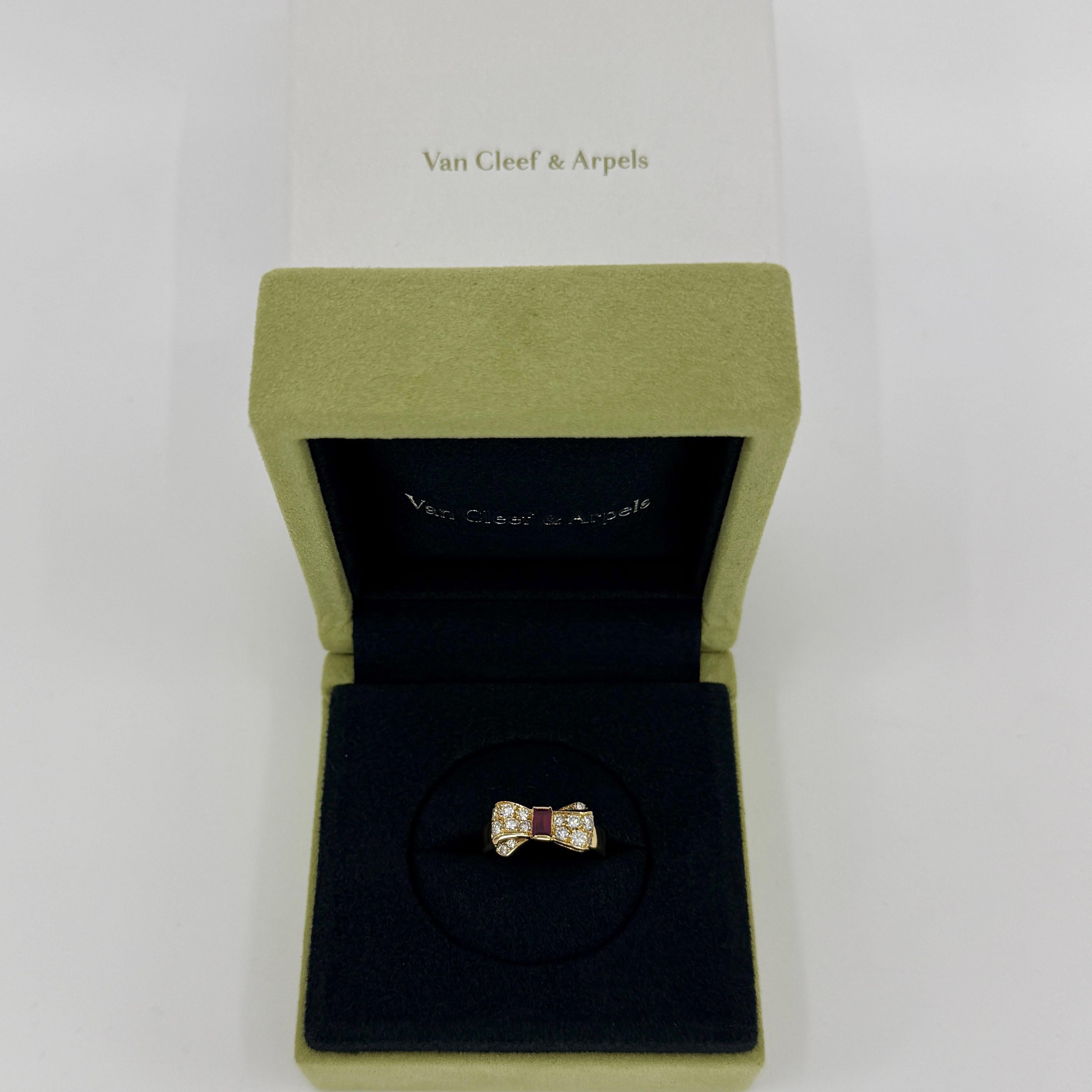 Rare Vintage Van Cleef & Arpels Ruby And Diamond 18k Yellow Gold Ribbon Bow Ring.

A stunning ring with a unique design typical of Van Cleef & Arpels, set with a beautiful arrangement of a natural ruby and top quality white diamonds. Featuring a