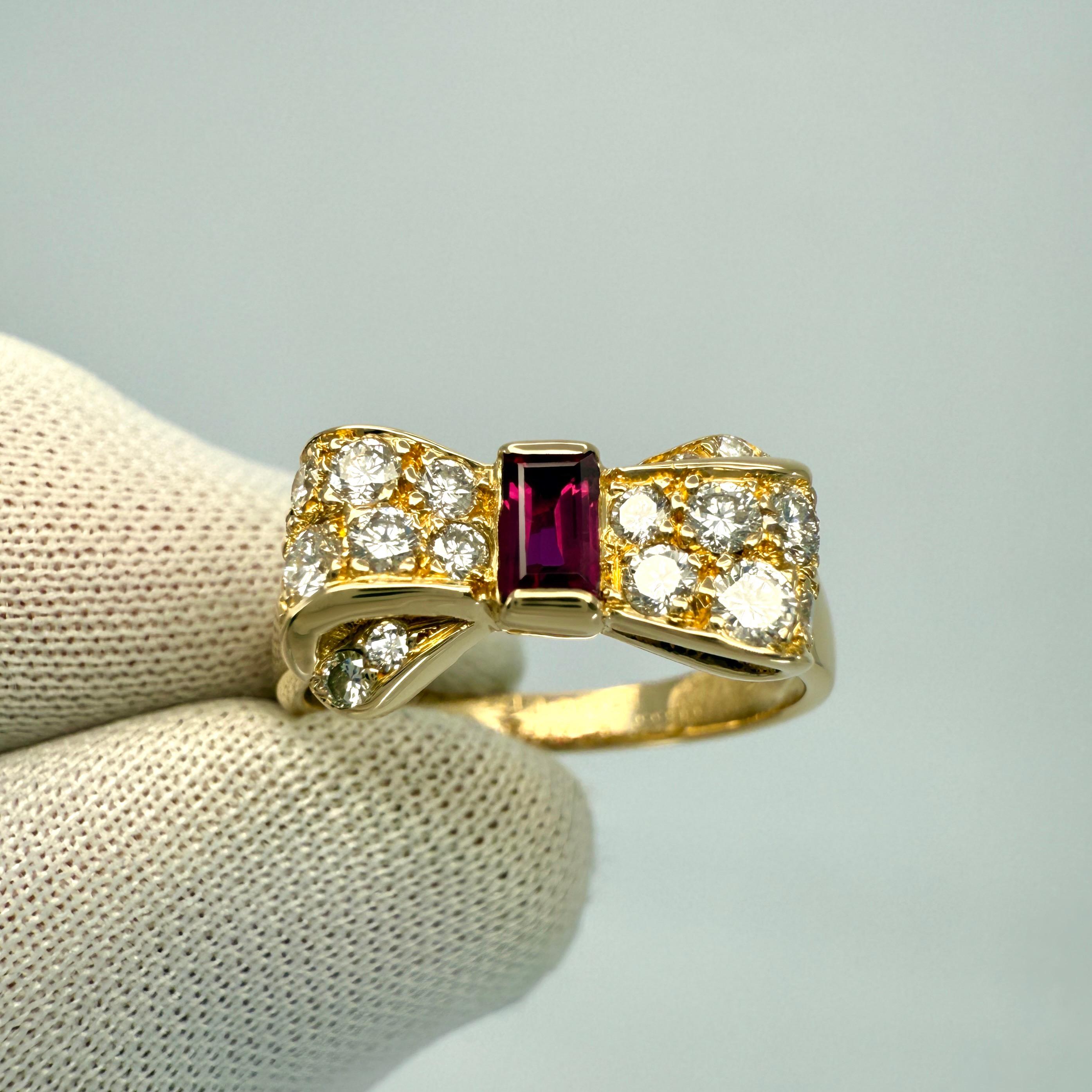 Baguette Cut Rare Vintage Van Cleef & Arpels Ruby & Diamond Bow 18k Yellow Gold Cocktail Ring