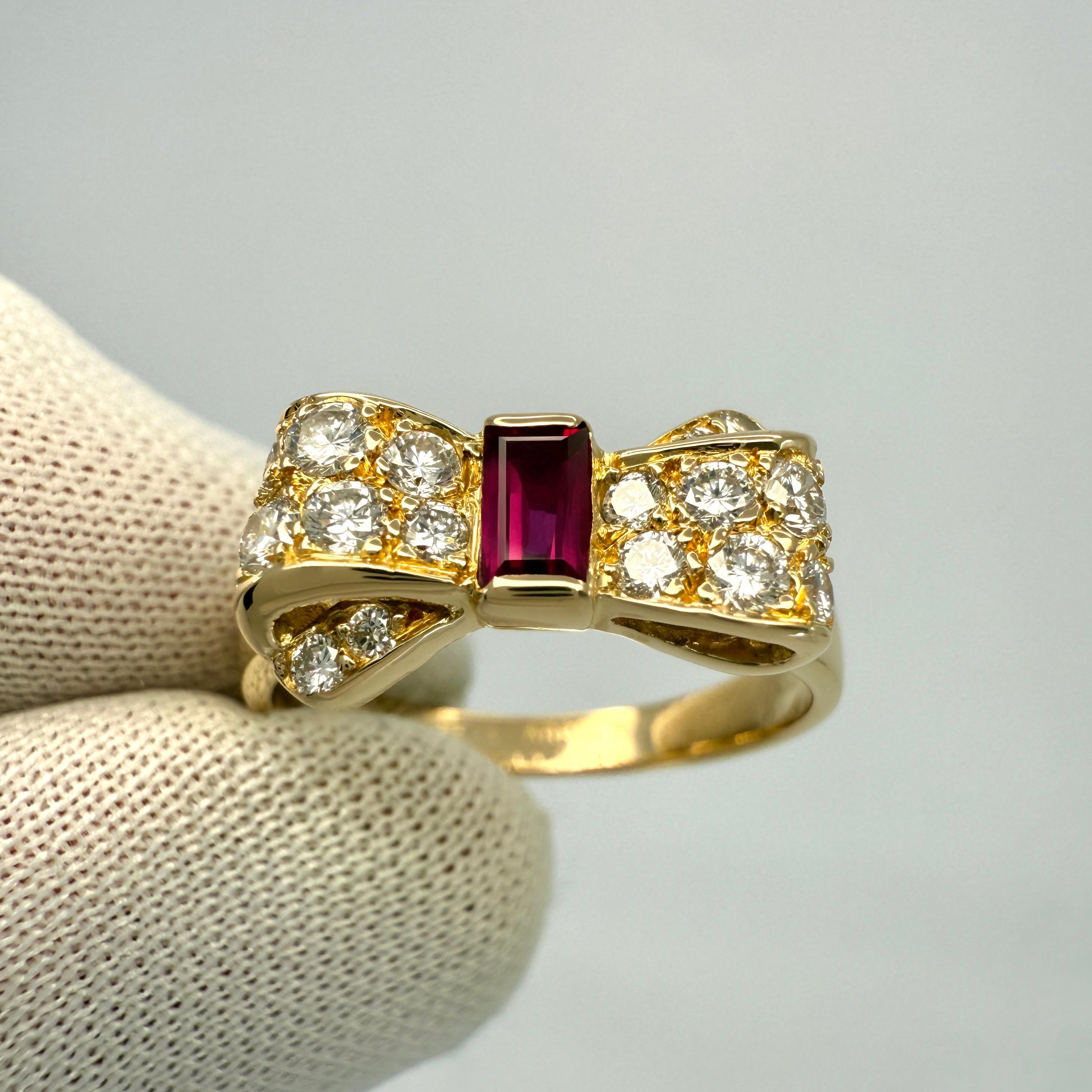 Women's or Men's Rare Vintage Van Cleef & Arpels Ruby & Diamond Bow 18k Yellow Gold Cocktail Ring