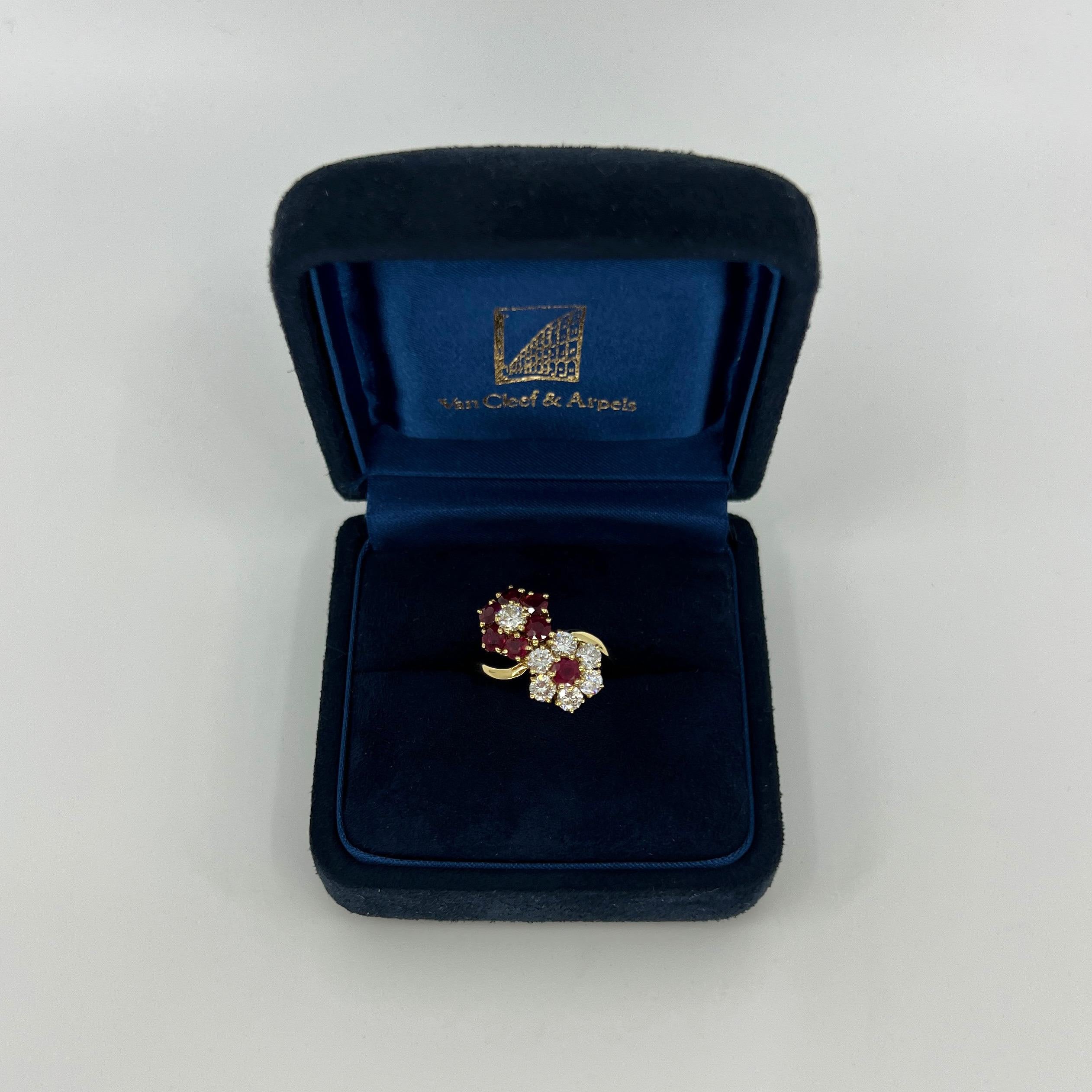 Seltener Vintage Van Cleef & Arpels Rubin & Diamant Fleurette Blume 18k Gold Ring 6