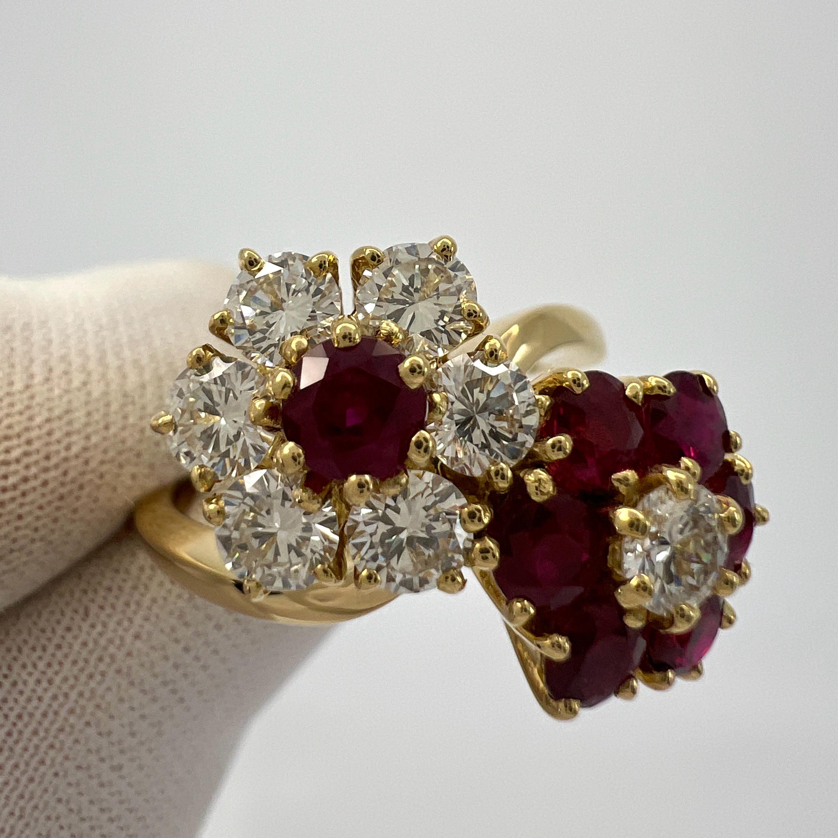 Seltener Vintage Van Cleef & Arpels Rubin & Diamant Fleurette Blume 18k Gold Ring 7