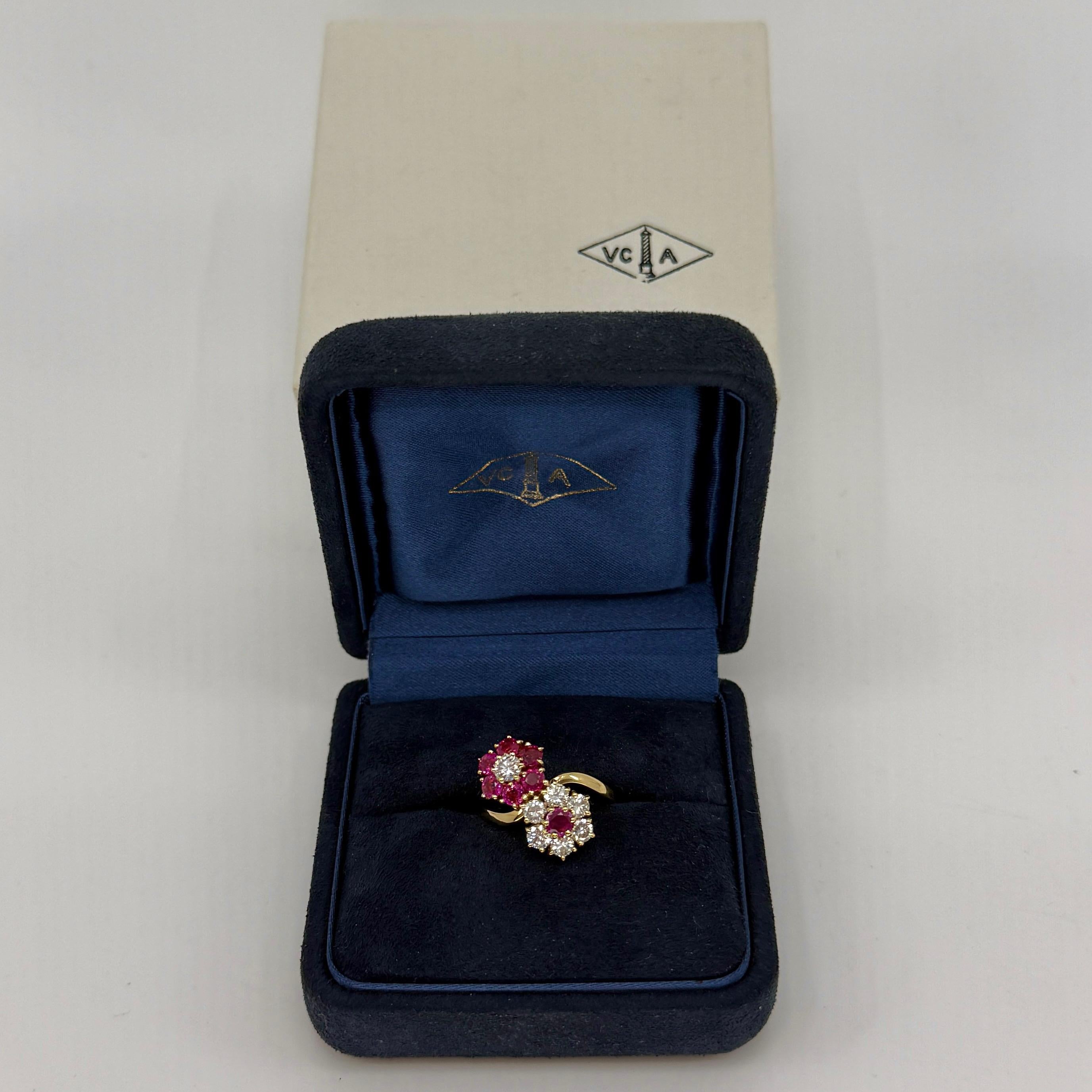 Rare Vintage Van Cleef & Arpels Pinkish Ruby And Diamond 18k Yellow Gold Fleurette Flower Ring.

A stunning vintage ring with a unique floral design typical of Van Cleef & Arpels, set with a cluster of top grade round cut natural pinkish red rubies