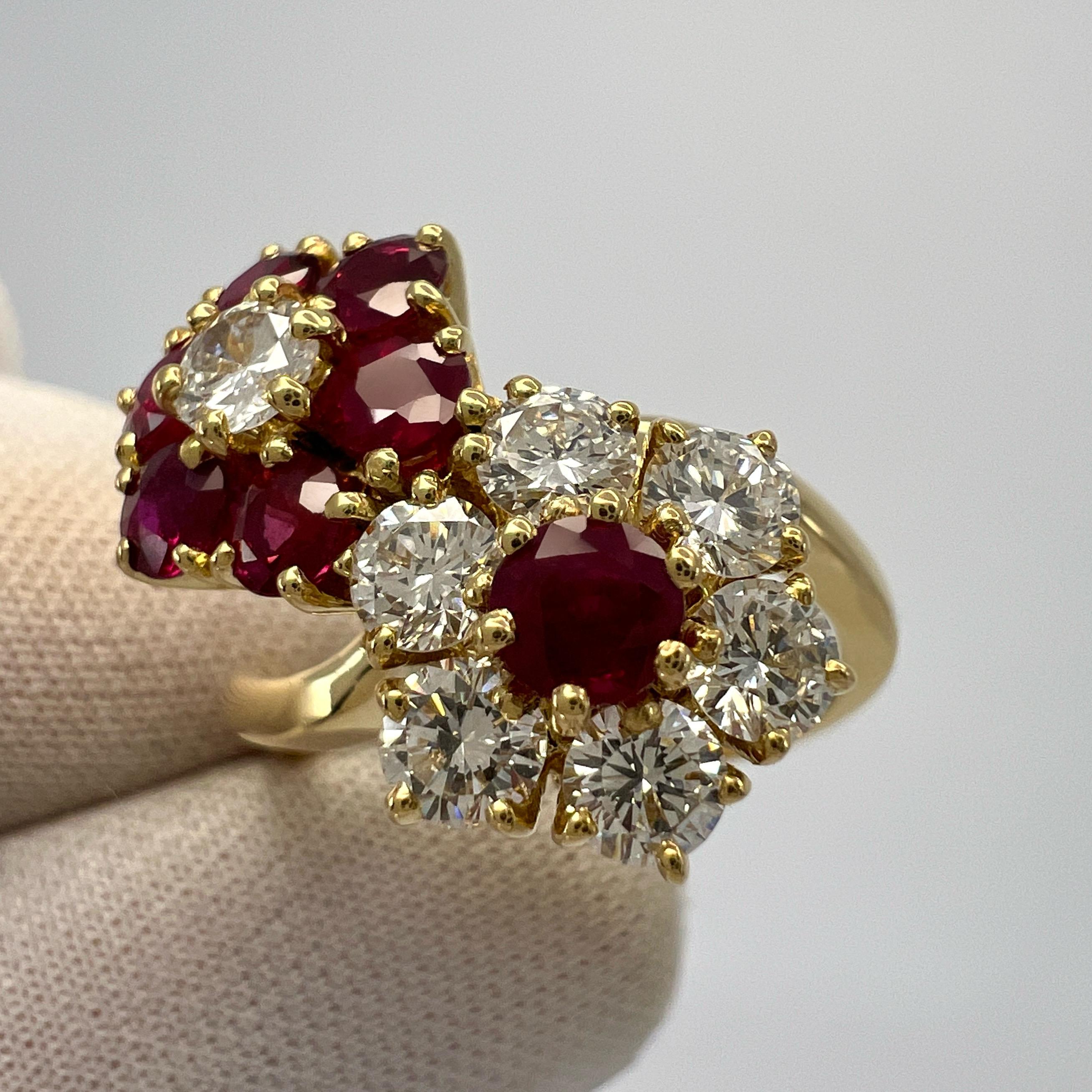 Seltener Vintage Van Cleef & Arpels Rubin & Diamant Fleurette Blume 18k Gold Ring (Rundschliff)