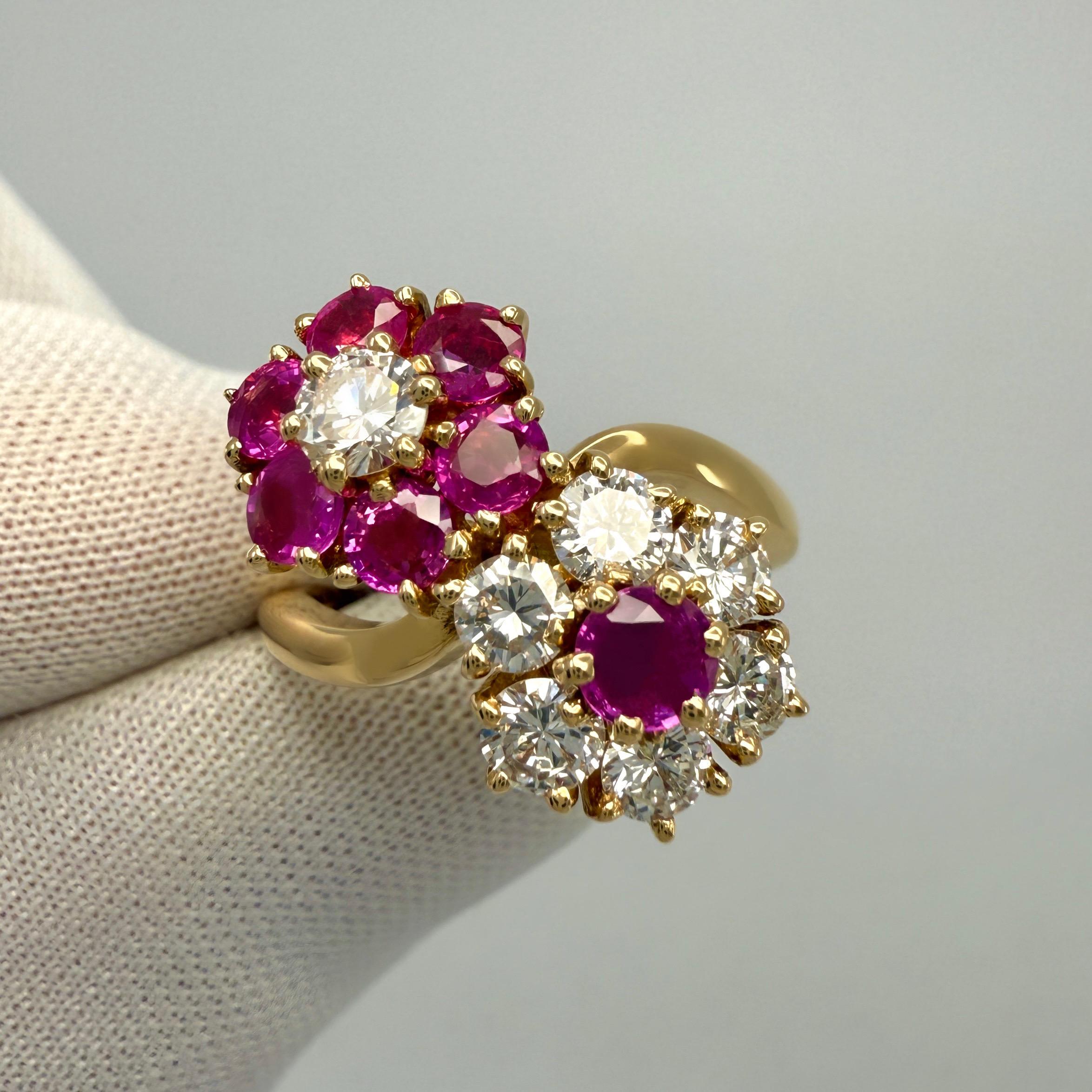 Round Cut Rare Vintage Van Cleef & Arpels Ruby & Diamond Fleurette Flower 18k Gold Ring For Sale