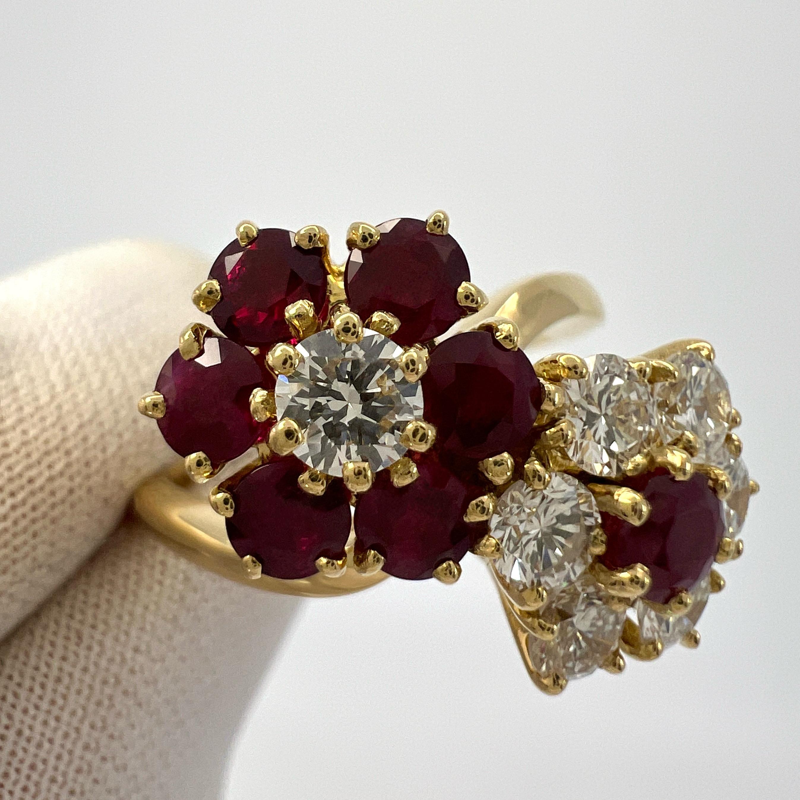 Seltener Vintage Van Cleef & Arpels Rubin & Diamant Fleurette Blume 18k Gold Ring im Zustand „Hervorragend“ in Birmingham, GB