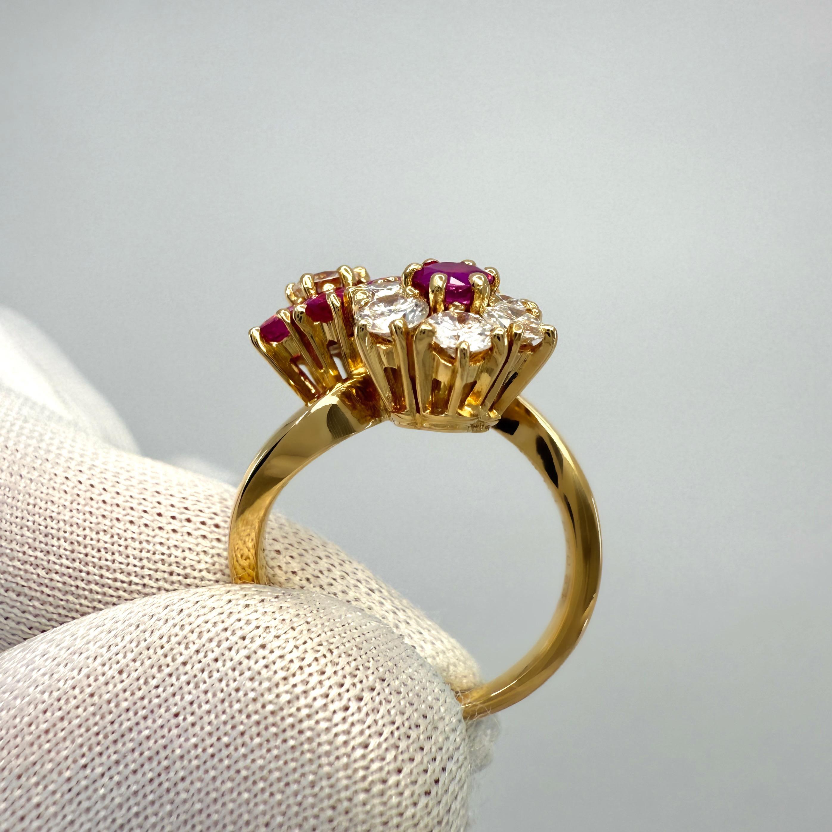 Women's or Men's Rare Vintage Van Cleef & Arpels Ruby & Diamond Fleurette Flower 18k Gold Ring For Sale