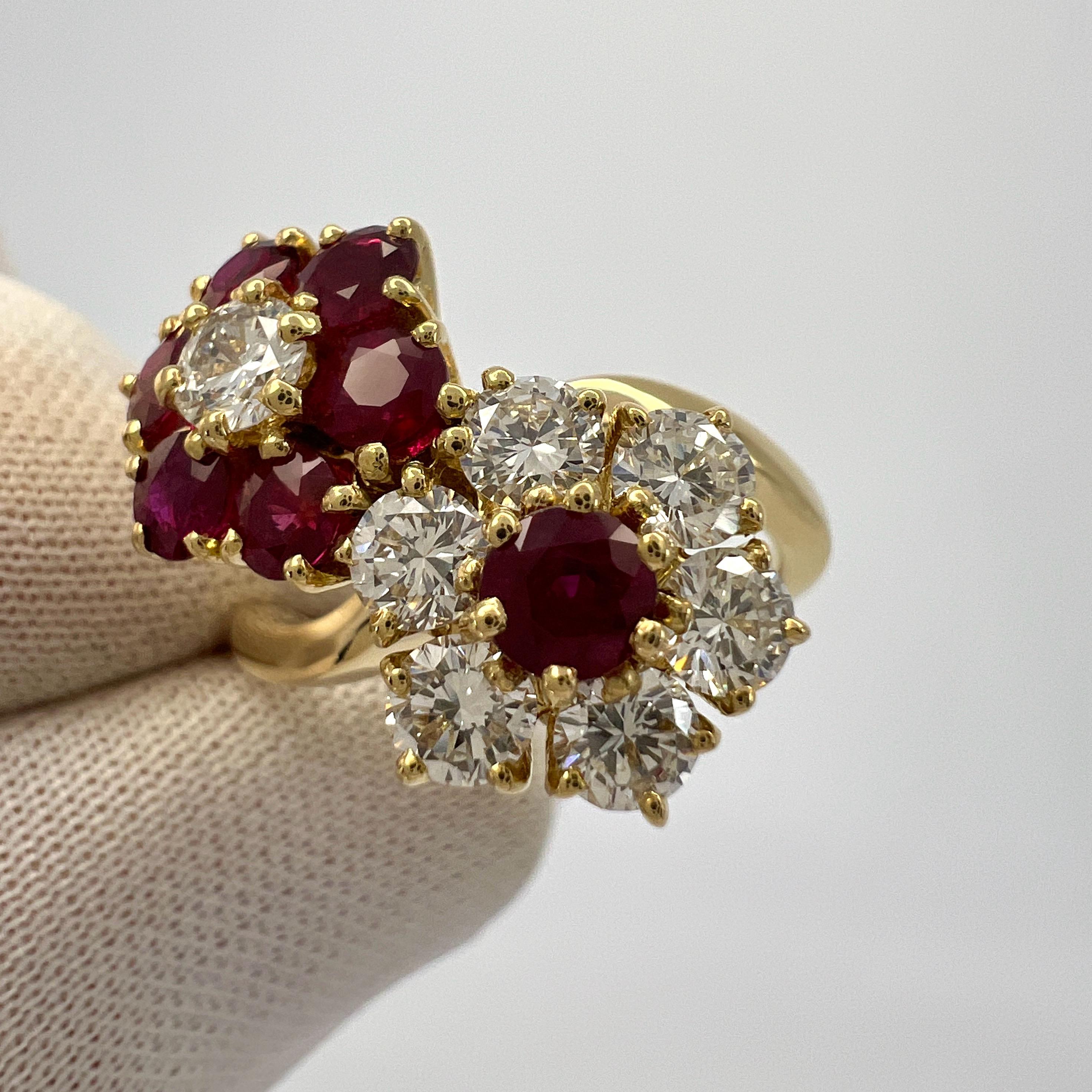 Seltener Vintage Van Cleef & Arpels Rubin & Diamant Fleurette Blume 18k Gold Ring 3