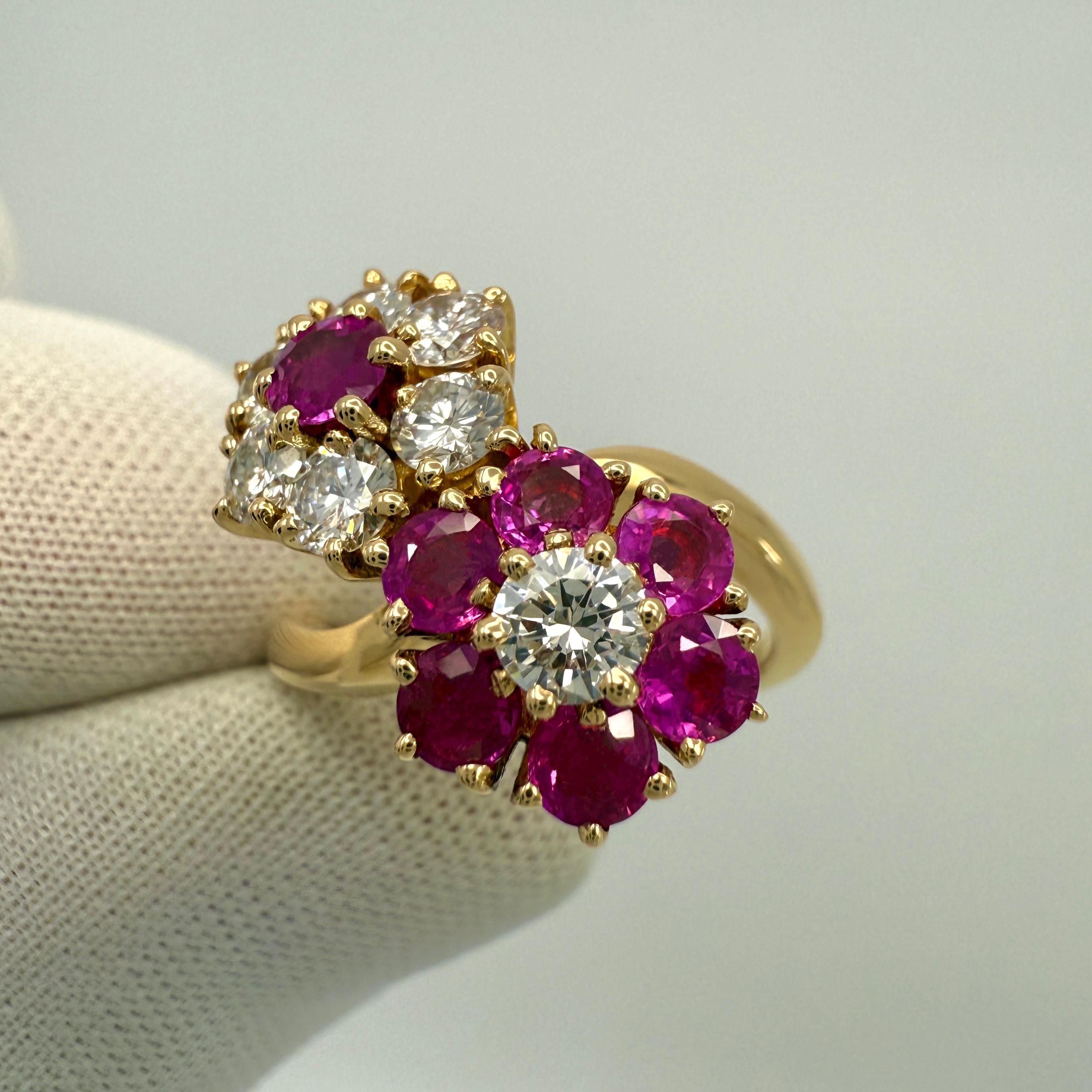 Rare Vintage Van Cleef & Arpels Ruby & Diamond Fleurette Flower 18k Gold Ring For Sale 3