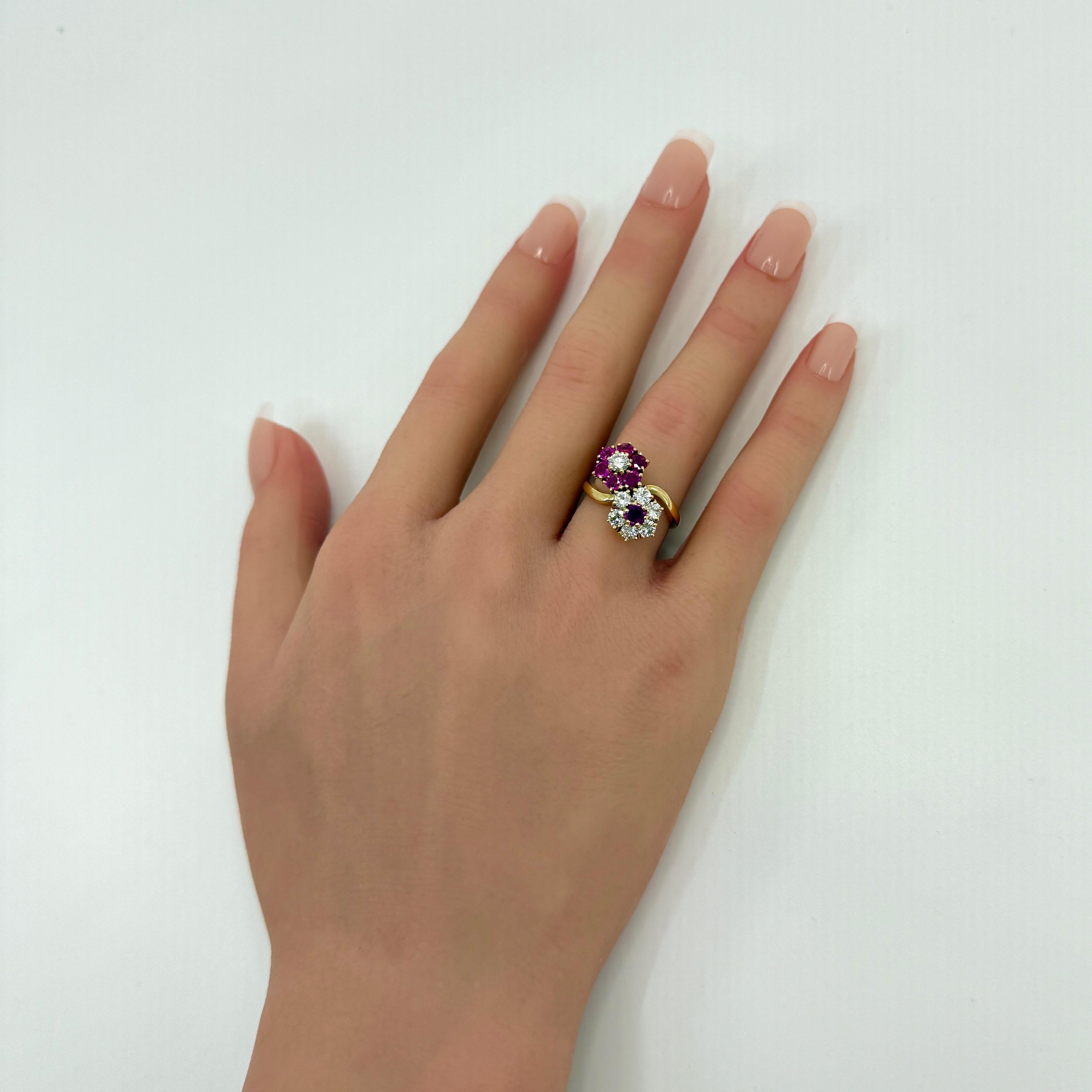 Rare Vintage Van Cleef & Arpels Ruby & Diamond Fleurette Flower 18k Gold Ring For Sale 4