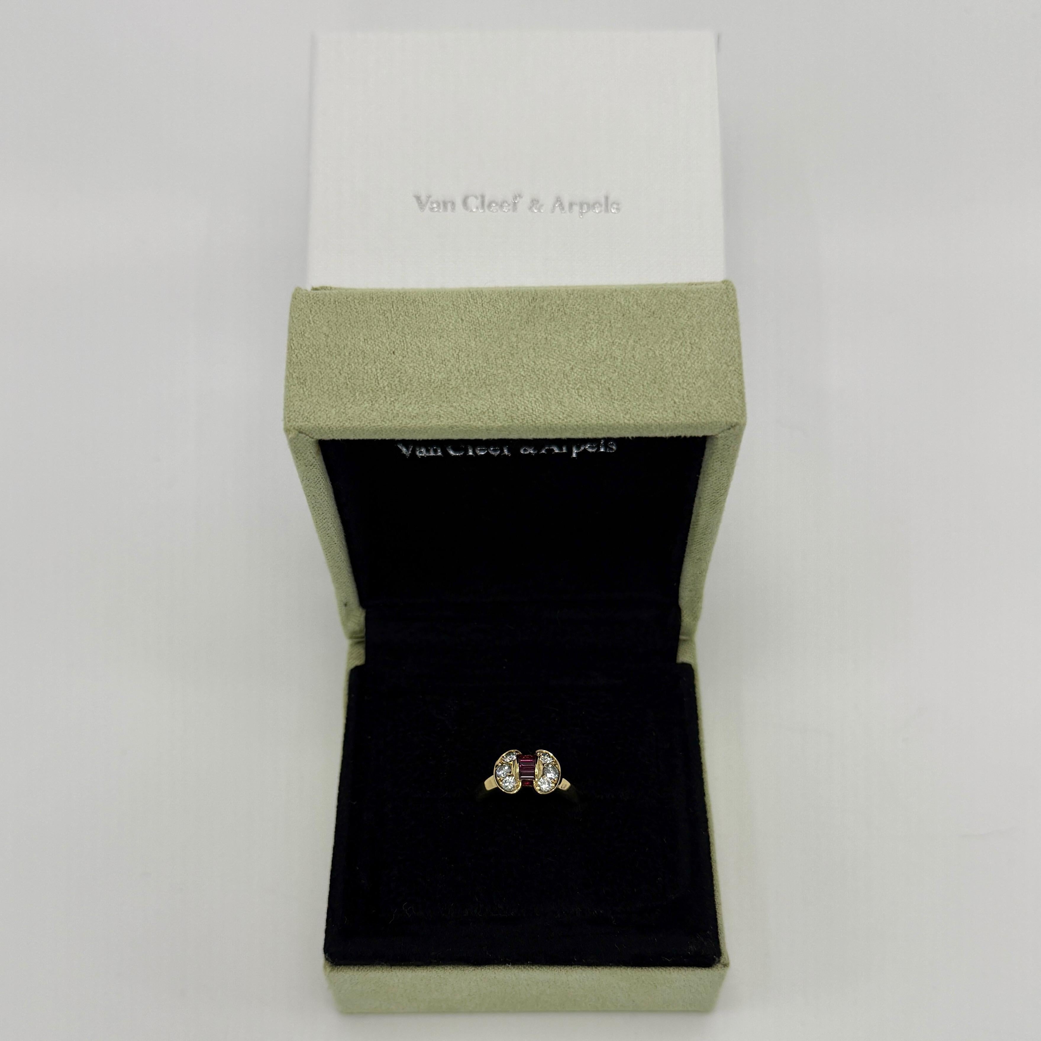 Rare Vintage Van Cleef & Arpels Ruby And Diamond Ribbon 18k Yellow Gold Bow Celeste Ring.

A stunning ring with a unique design typical of Van Cleef & Arpels, set with a beautiful arrangement of top quality natural rubies and white diamonds.
Fine