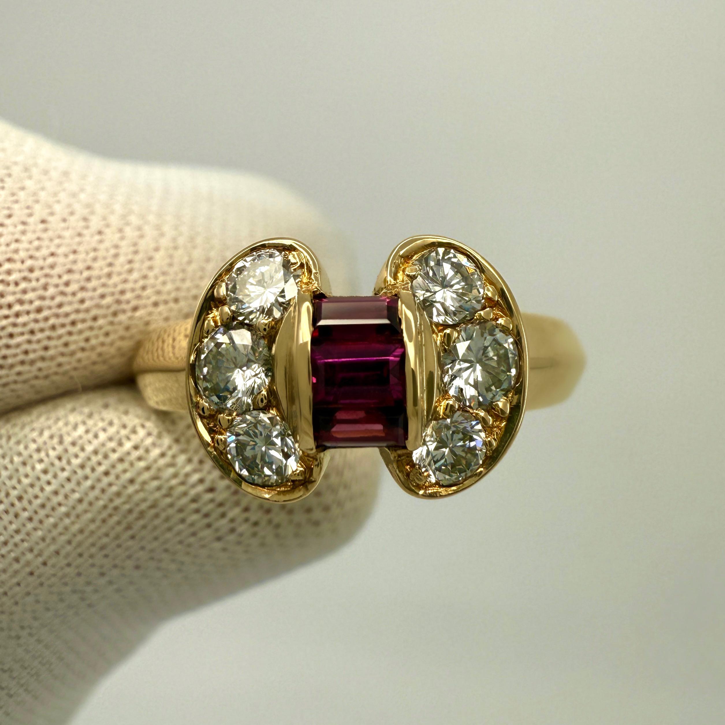 Baguette Cut Rare Vintage Van Cleef & Arpels Ruby & Diamond Ribbon Bow 18k Yellow Gold Ring For Sale