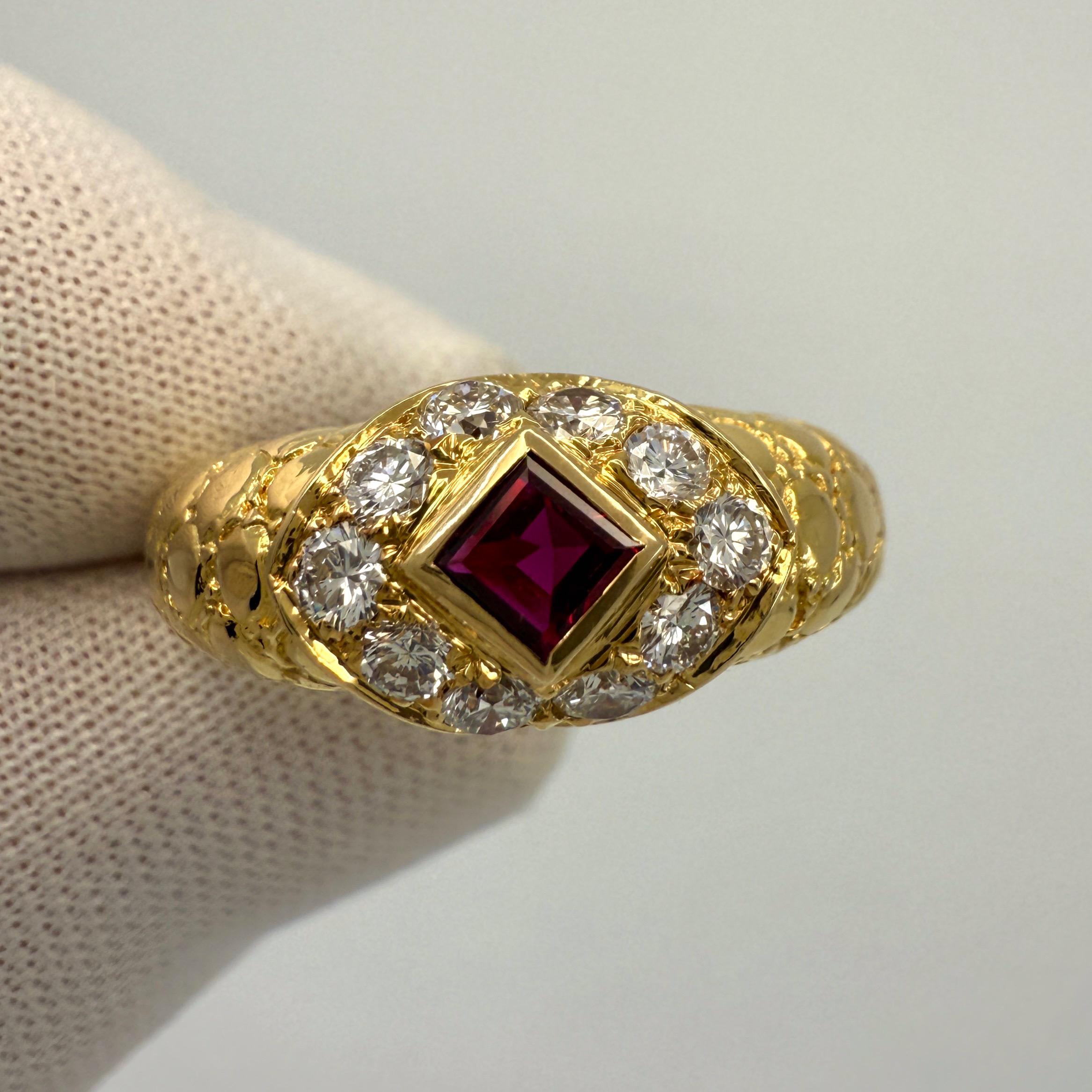 Rare Vintage Van Cleef & Arpels Square Cut Ruby & Diamond 18k Yellow Gold Ring For Sale 8