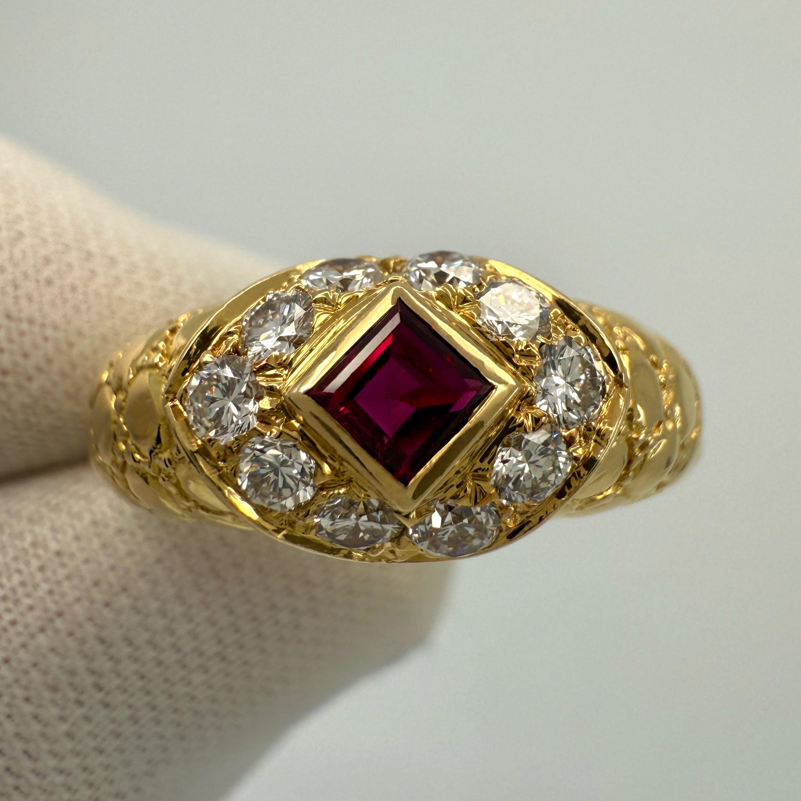 Rare Vintage Van Cleef & Arpels Square Cut Ruby & Diamond 18k Yellow Gold Ring In Excellent Condition For Sale In Birmingham, GB