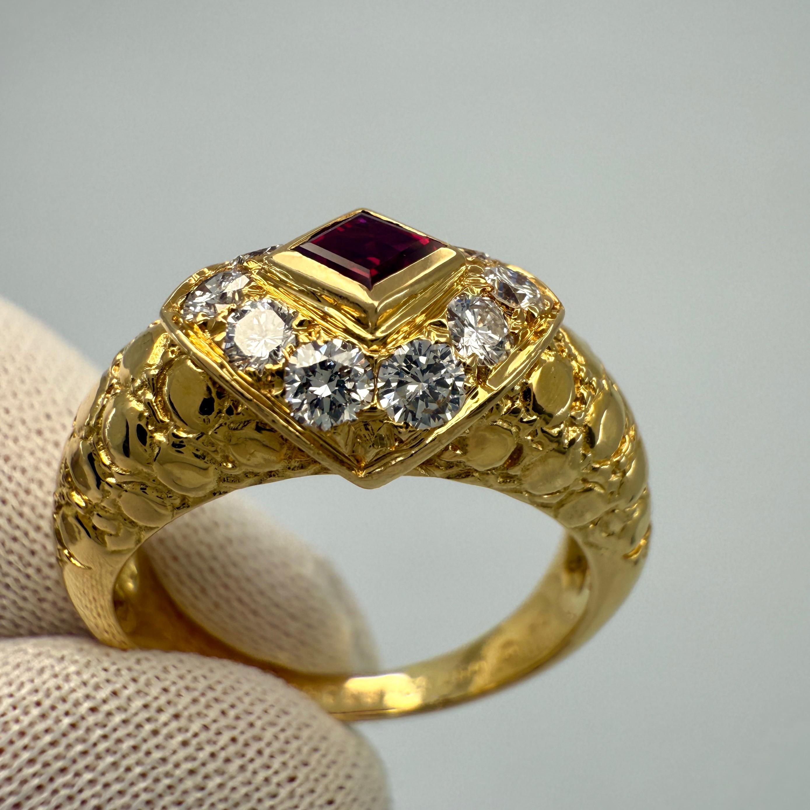 Rare Vintage Van Cleef & Arpels Square Cut Ruby & Diamond 18k Yellow Gold Ring For Sale 1