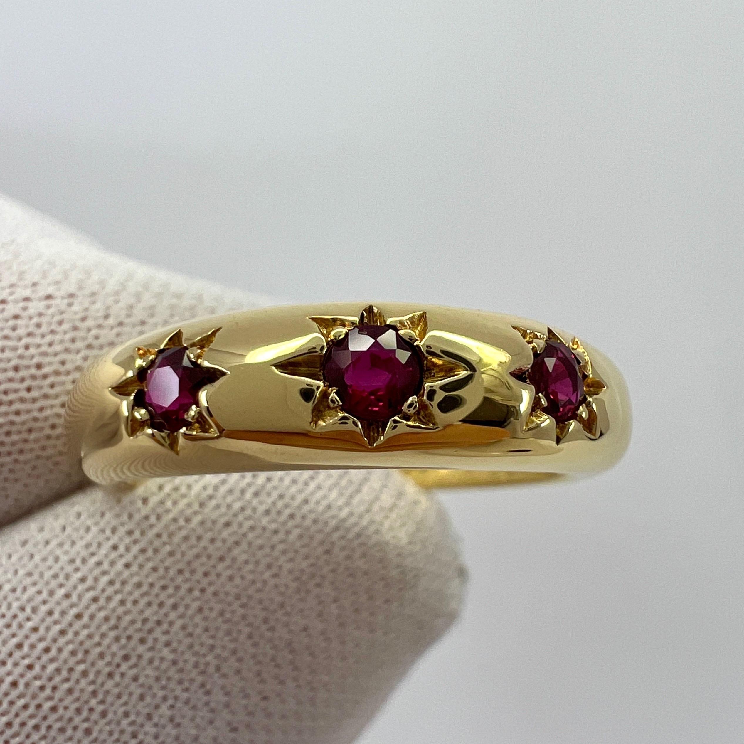 Vintage Van Cleef & Arpels Round Cut Star Set Ruby Three Stone Yellow Gold Ring.

A stunning vintage ring with a classic three stone design. Star with three fine red rubies. 
All have a vivid red colour and an excellent round cut. Perfectly matched.