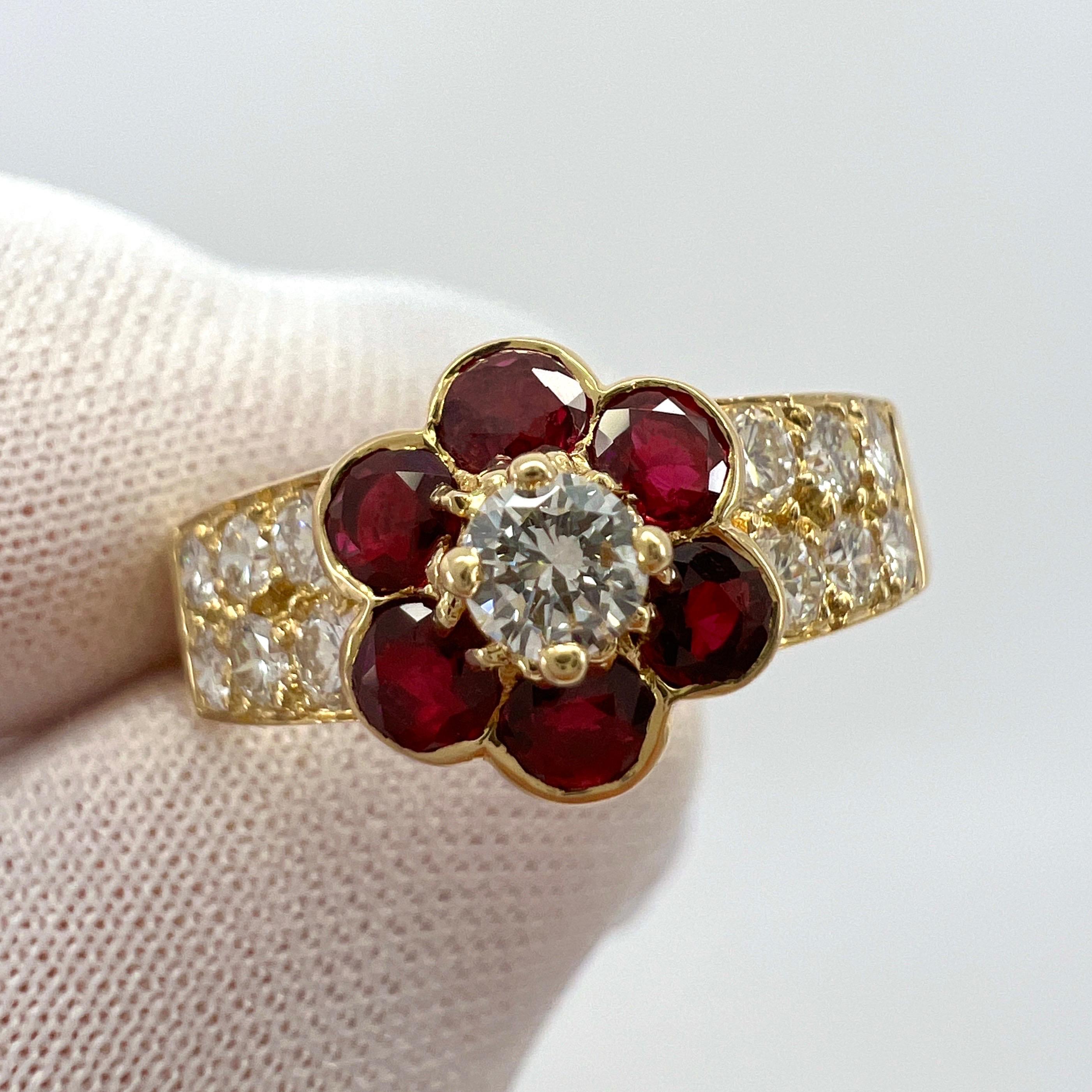 Rare Vintage Van Cleef & Arpels Vivid Red Ruby & Diamond Fleurette Flower Ring For Sale 2