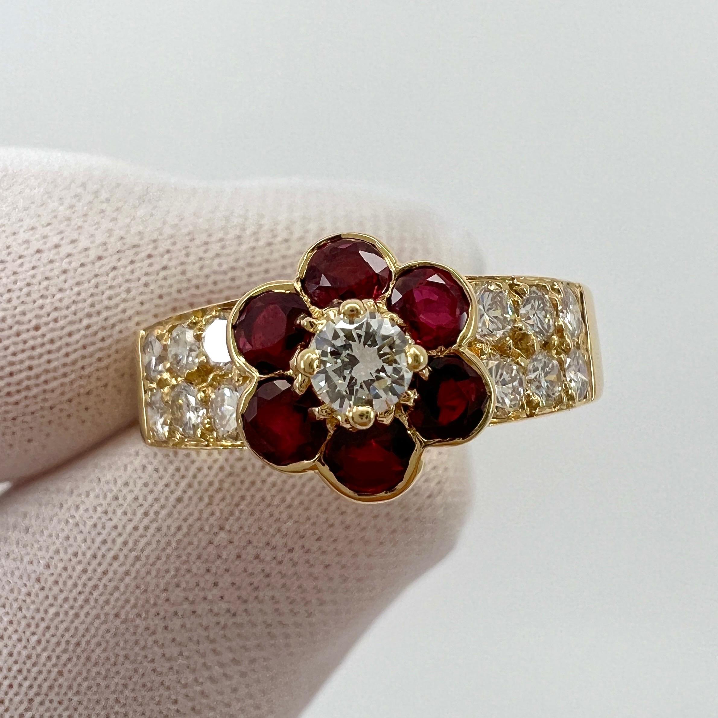 Rare Vintage Van Cleef & Arpels Vivid Red Ruby & Diamond Fleurette Flower Ring For Sale 3