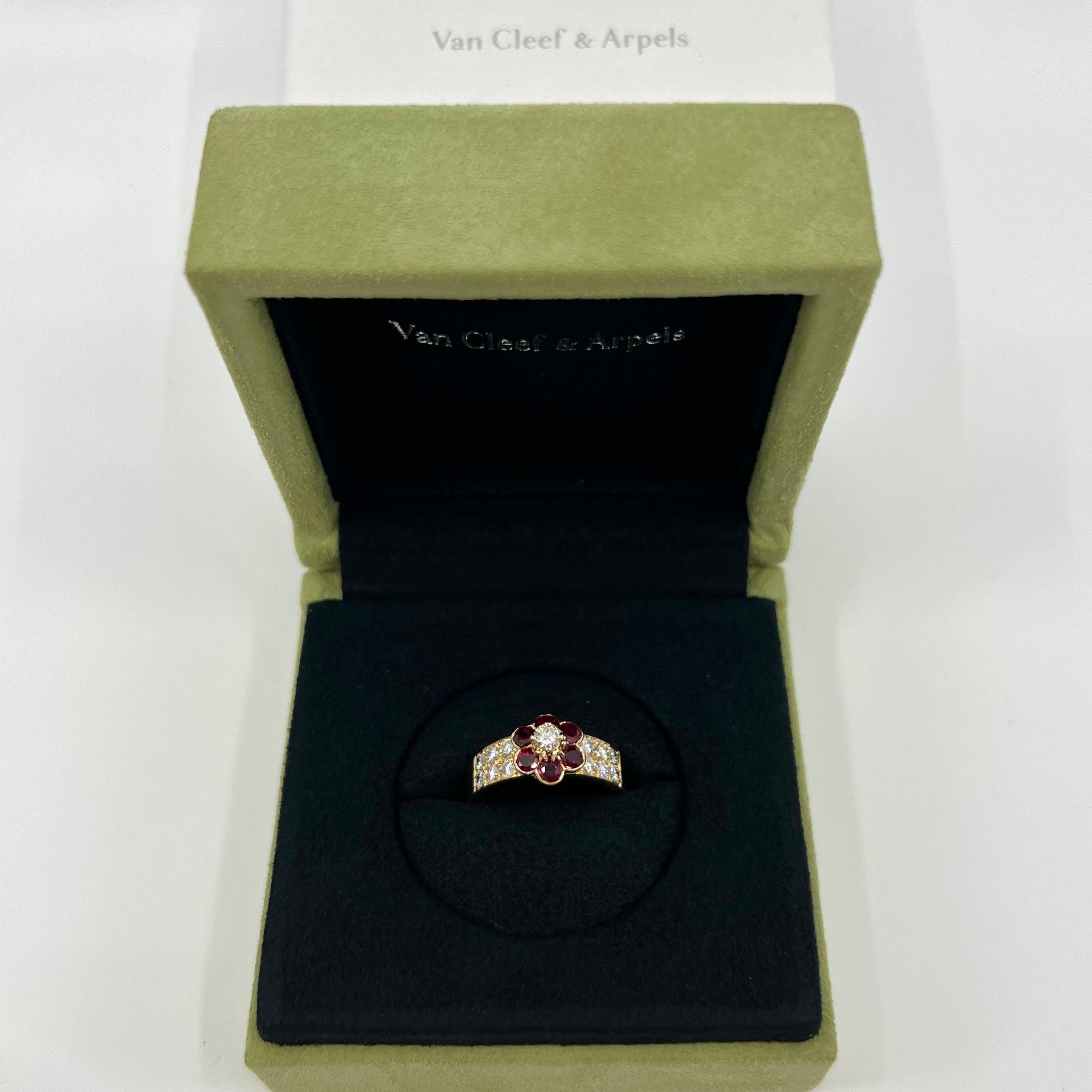 Rare Vintage Van Cleef & Arpels Vivid Red Ruby & Diamond Fleurette Flower Ring For Sale 4