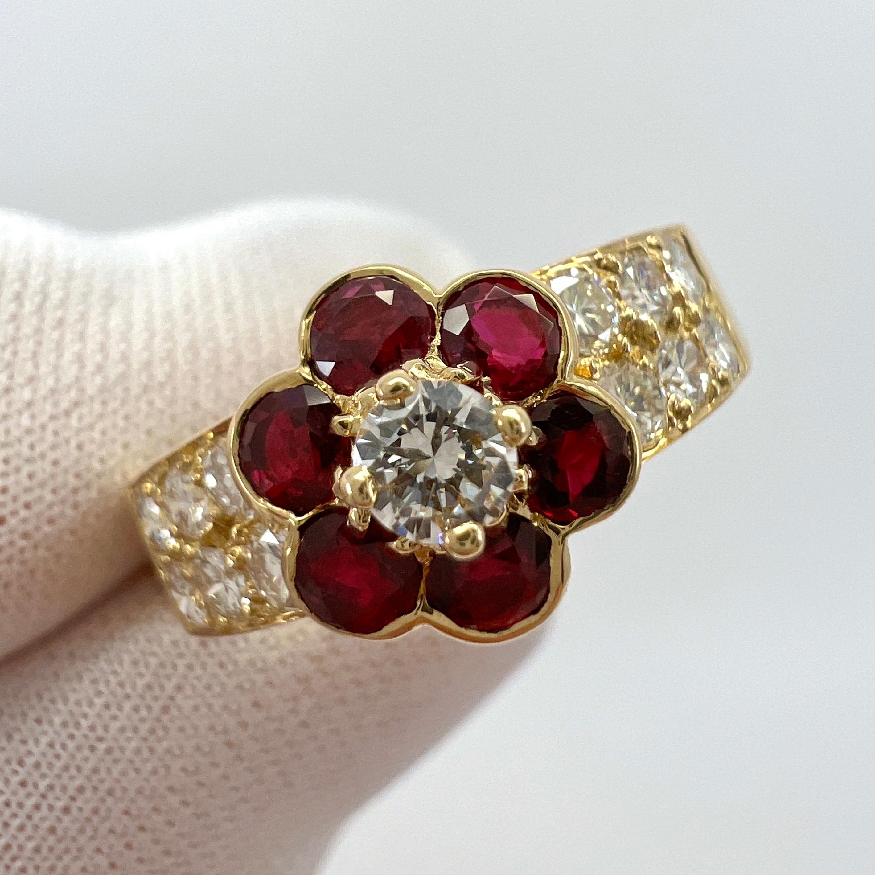 Fine Vintage Van Cleef & Arpels Ruby And Diamond 18k Yellow Gold Fleurette Flower Ring.

A stunning vintage ring with a unique floral design typical of Van Cleef & Arpels, set with beautiful natural round cut red rubies and diamonds in a classic